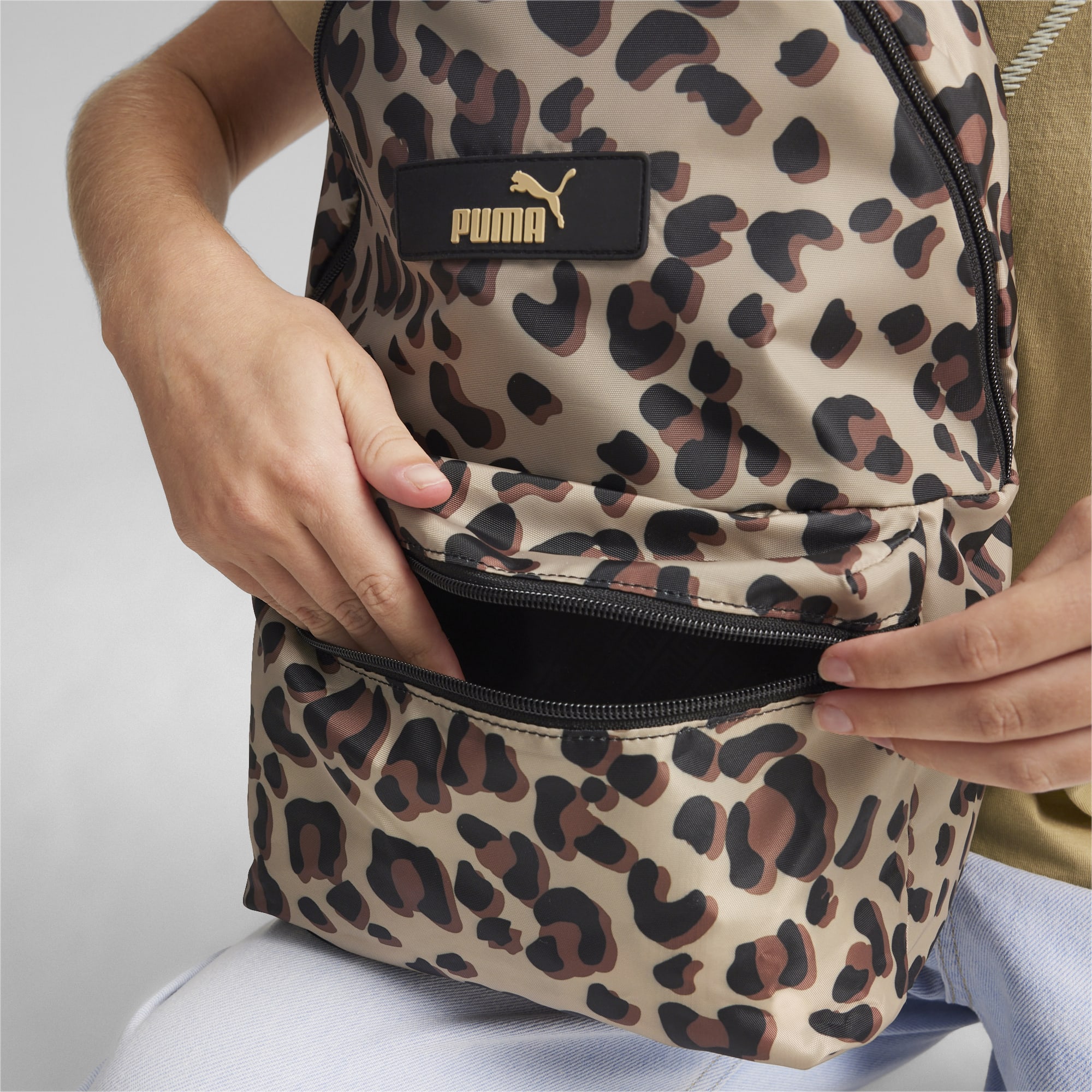 Women's PUMA Core Pop Backpack, Prairie Tan/Animal AOP, Accessories