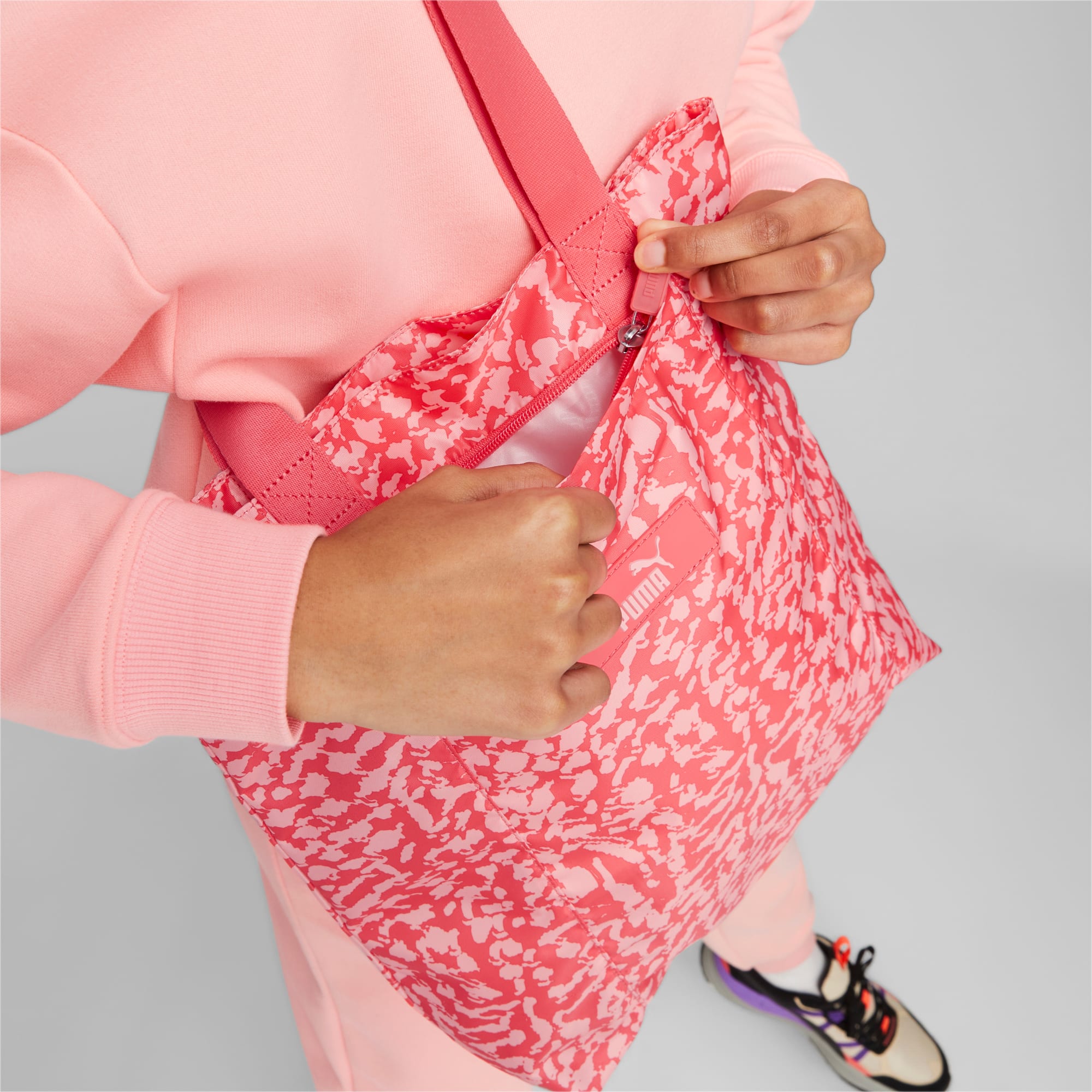 Women's PUMA Core Pop Shopper Bag, Peach Smoothie/Electric Blush/AOP