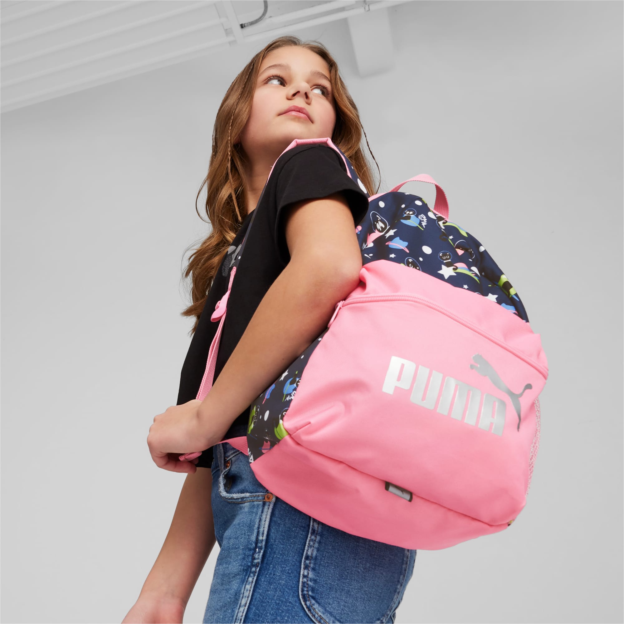 PUMA Phase Kleiner Rucksack Für Kinder, Mit AOP/Logo Chat, Schwarz, Accessoires