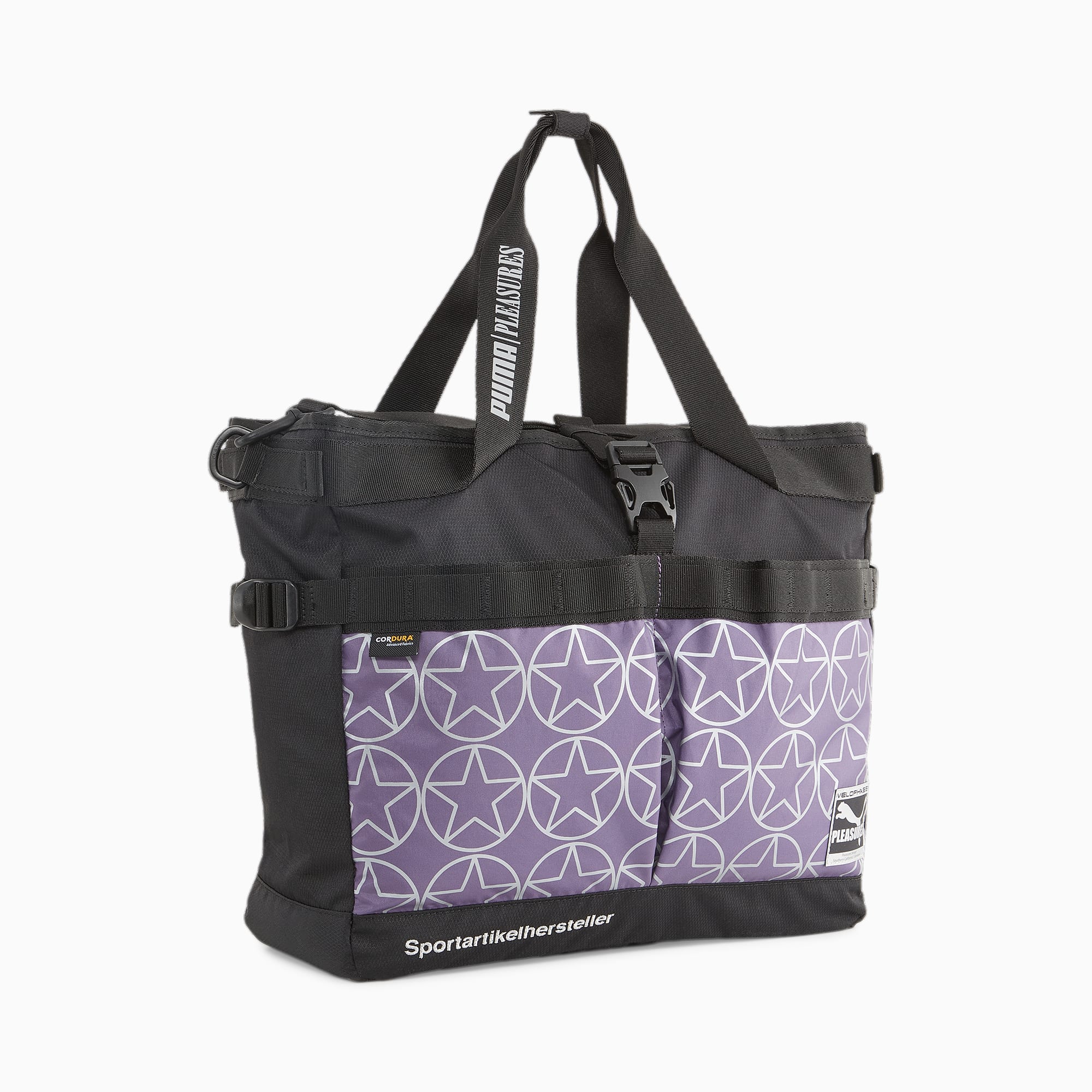 Men's PUMA X Pleasures Tote Bag, Black/Purple Charcoal/Pantone 688C