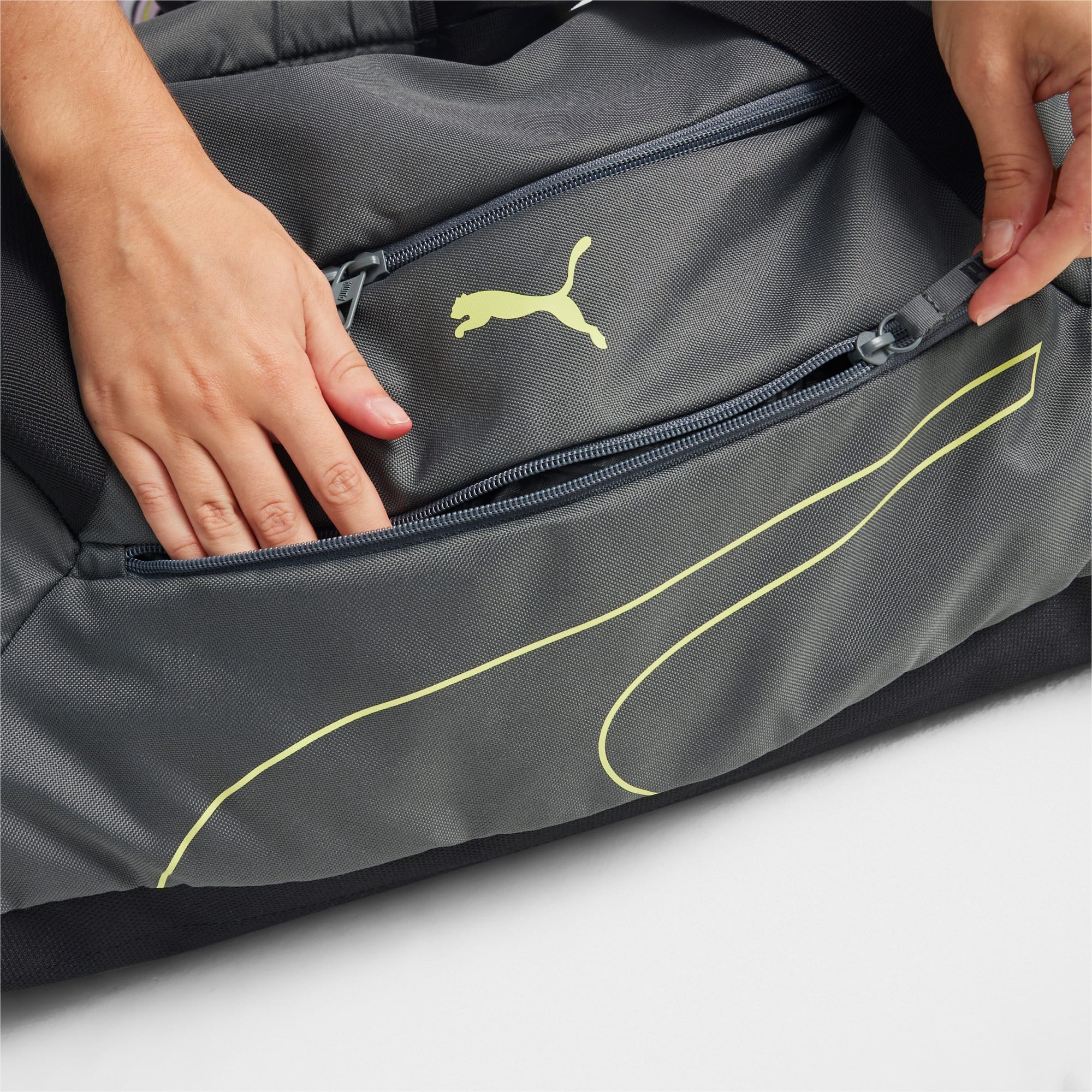 Women's PUMA Fundamentals Medium Sports Bag, Mineral Grey/Lime Sheen, Accessories