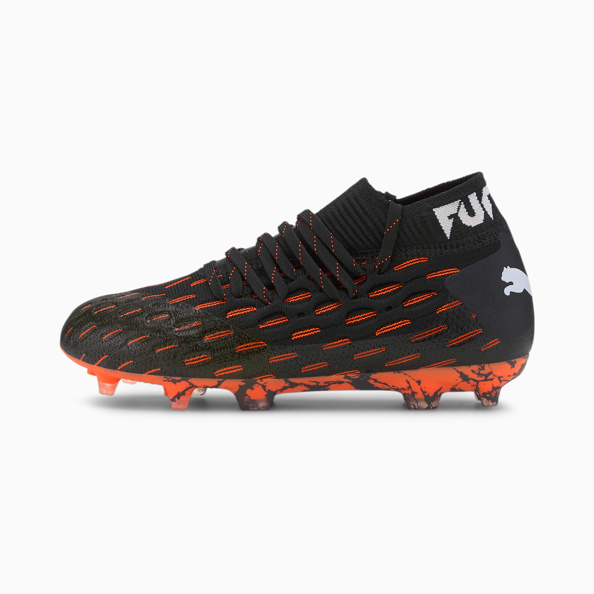 PUMA Chaussures de football Future 6.1 NETFIT FG/AG enfant et adolescent, Noir/Blanc/Orange, Taille 