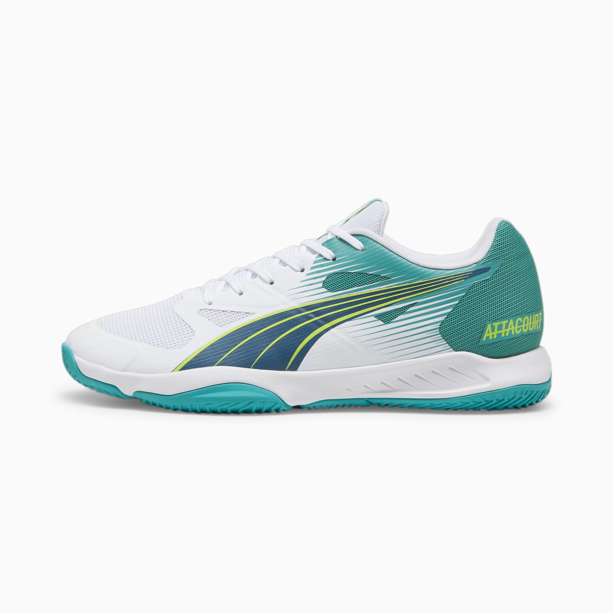 Women's PUMA Attacourt Handball Shoe Sneakers, White/Ocean Tropic/Sparkling Green, Size 39, Shoes