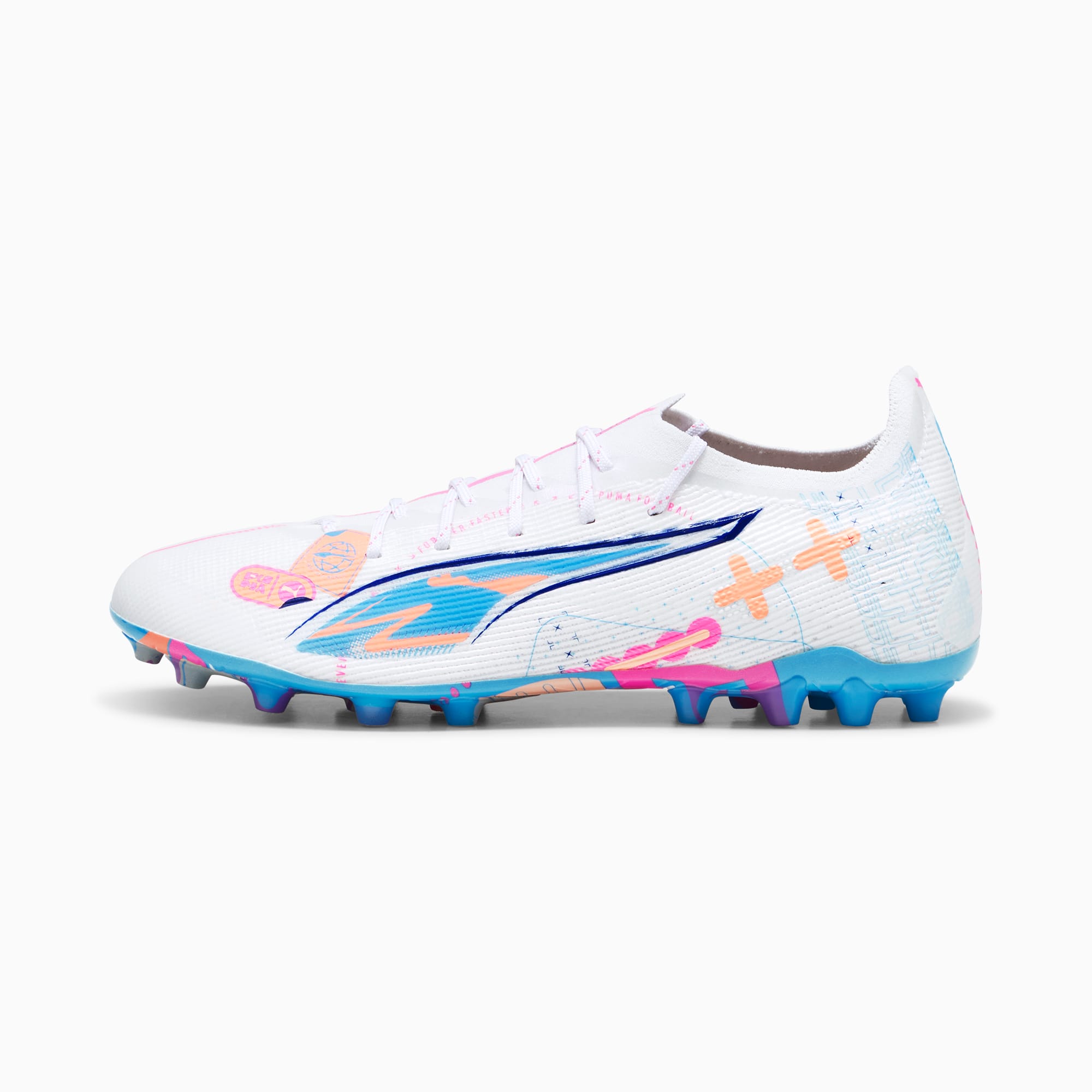 PUMA Ultra 5 Ultimate Volume Up MG Football Boots, White/Luminous Blue/Poison Pink, size 11