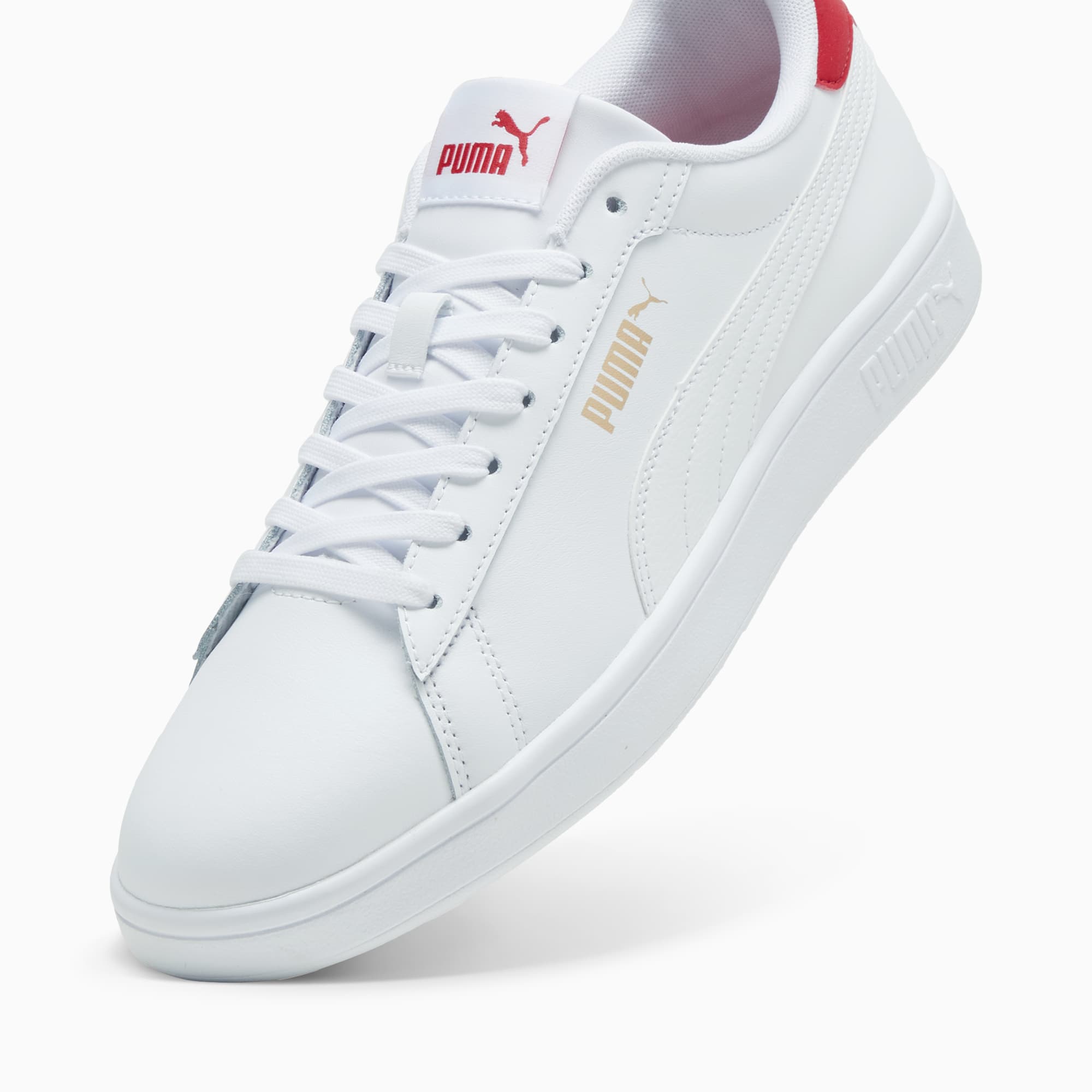 PUMA Smash 3.0 L Sneakers voor Dames, Goud/Rood/Wit