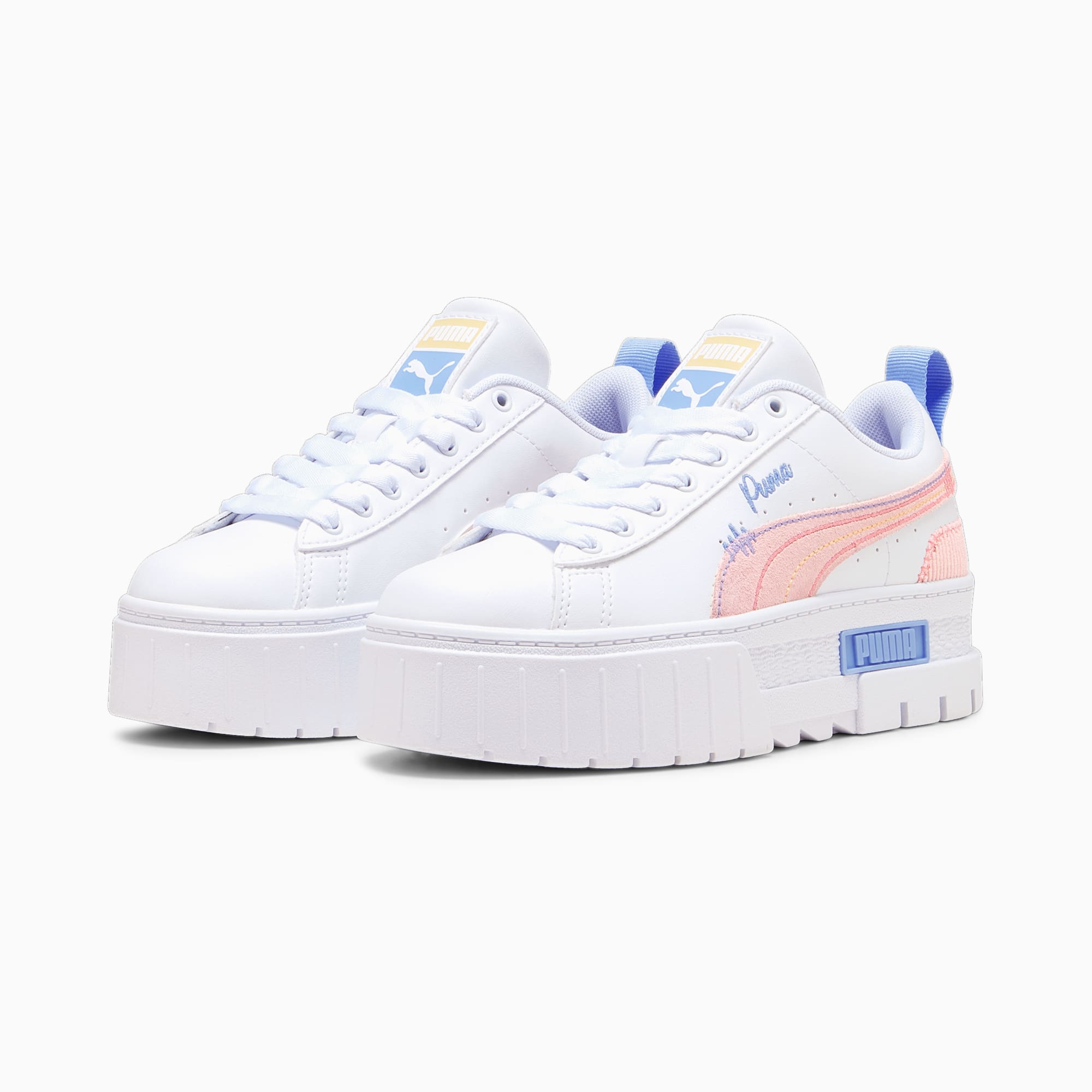 PUMA Mayze Sweater Weather Youth Sneakers, White/Blissful Blue/Peach Smoothie