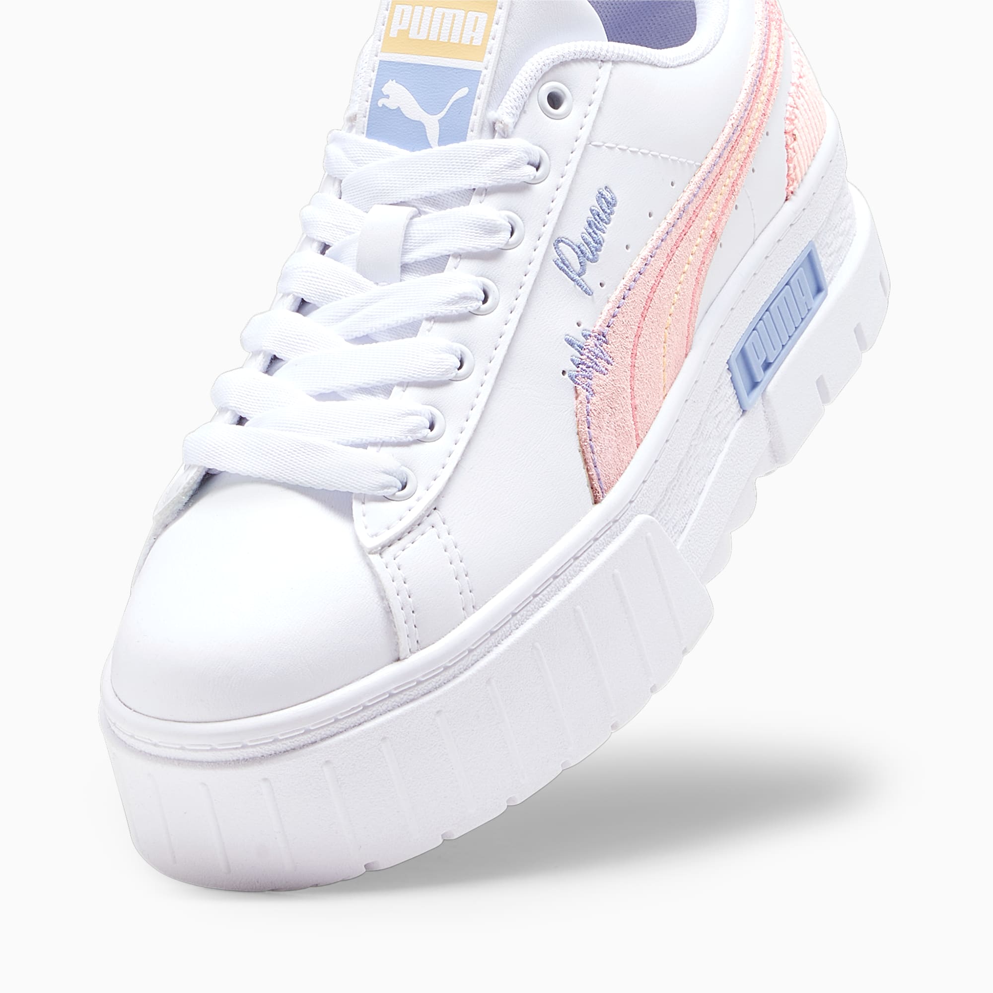 PUMA Mayze Sweater Weather Youth Sneakers, White/Blissful Blue/Peach Smoothie