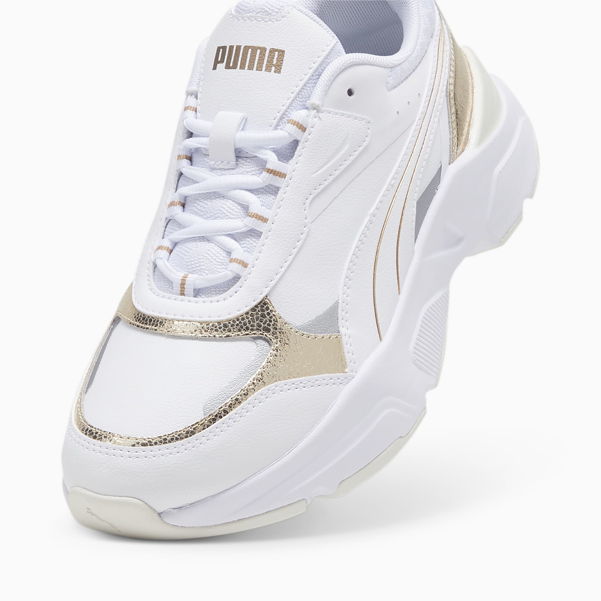 PUMA Cassia Metallic Shine Sneakers Voor Dames, Goud/Grijs/Wit