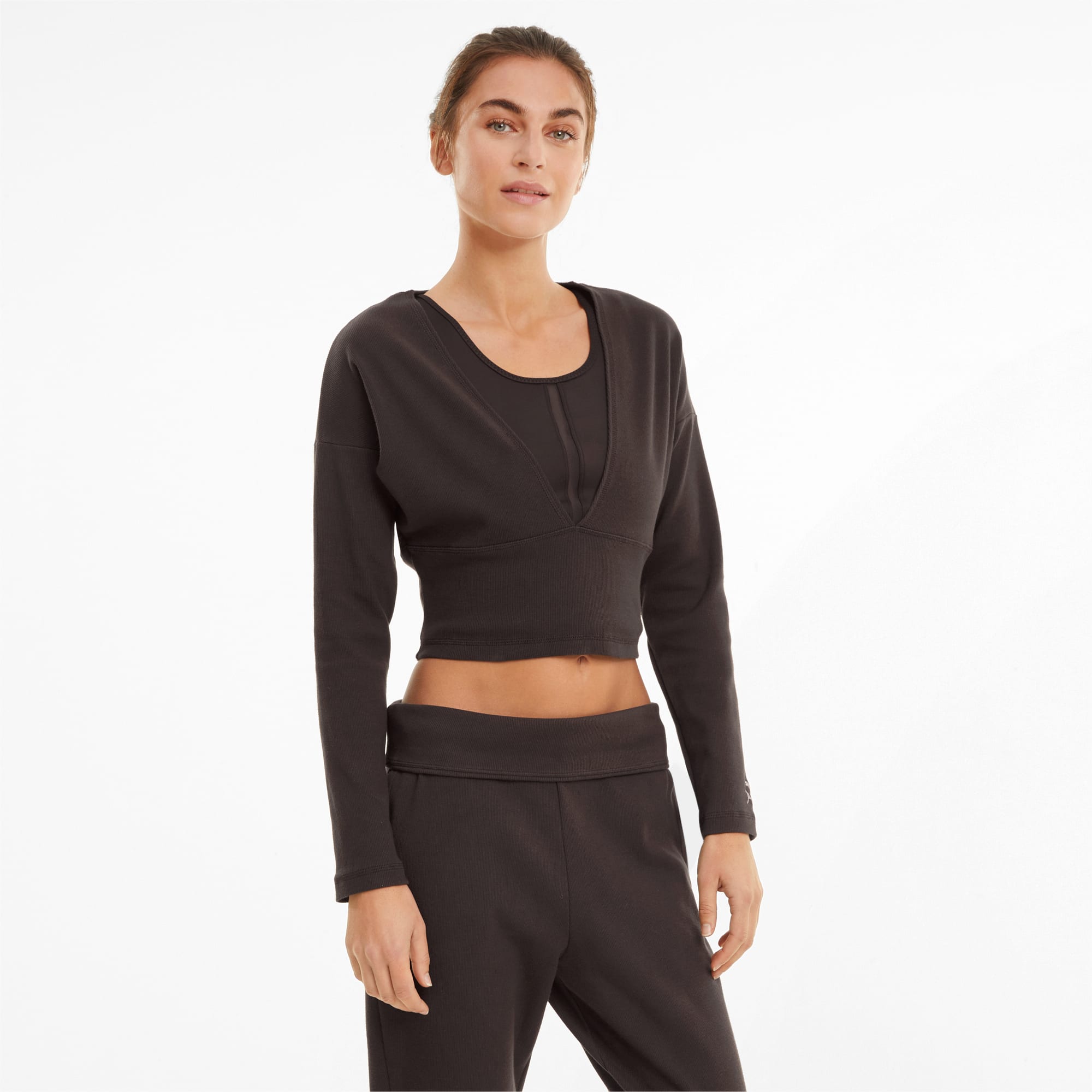 PUMA Haut de sport à manches longues et col en V en maille côtelée Exhale femme, Taille M, Vêtements