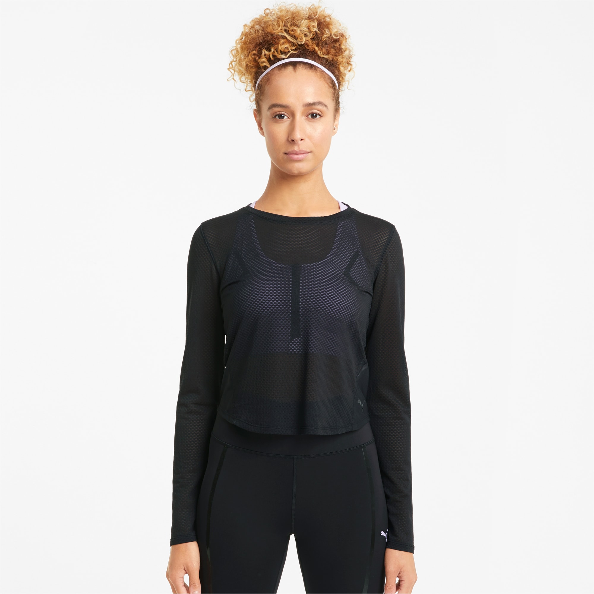PUMA Top de sport à manches longues en mesh femme, Noir, Taille M, Vêtements