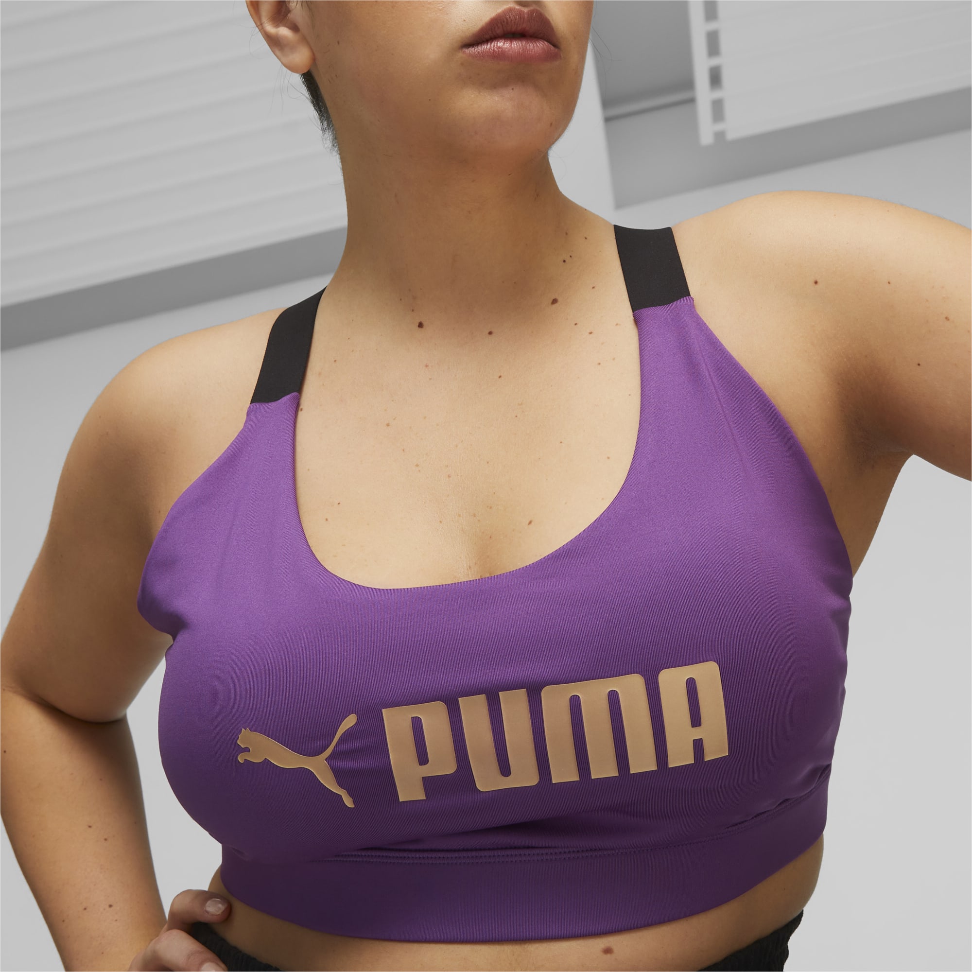 PUMA Fit Mid Support Trainings-BH Damen, Lila/Gold, Größe: XS