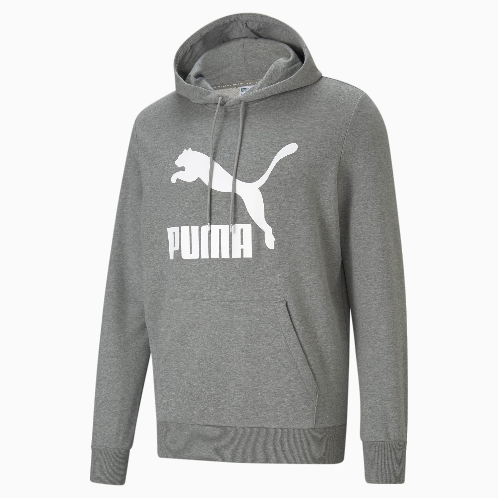 PUMA Classics Men's Logo Hoodie, Medium Grey Heather, Size XS, Clothing