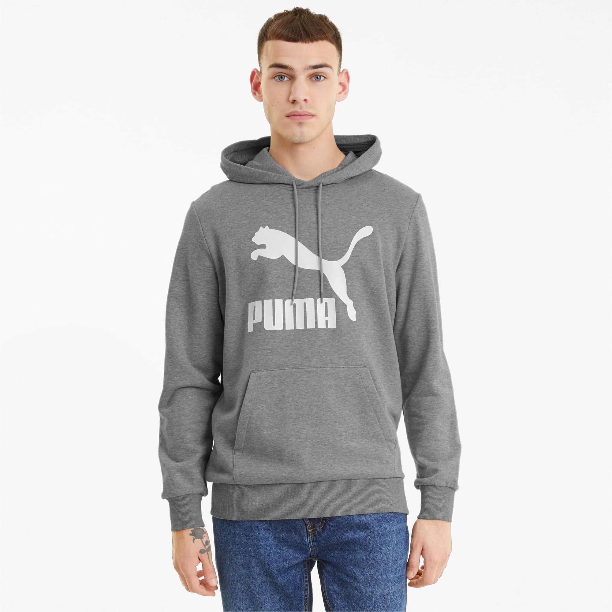PUMA Classics Men's Logo Hoodie, Medium Grey Heather, Size XS, Clothing