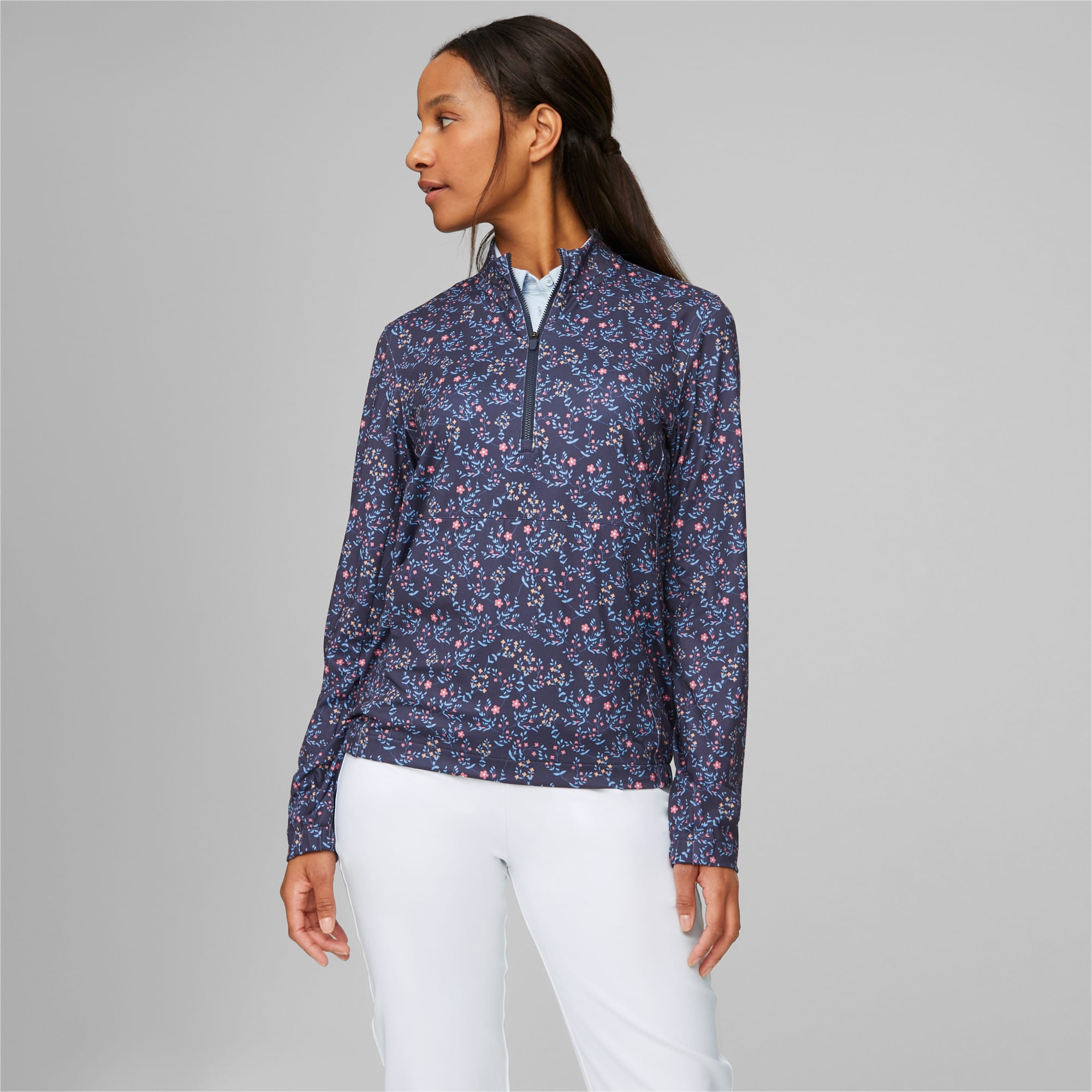 PUMA Floral Cloudspun Quarter-Zip Golf-Pullover Damen, Blau, Größe: XXS, Kleidung