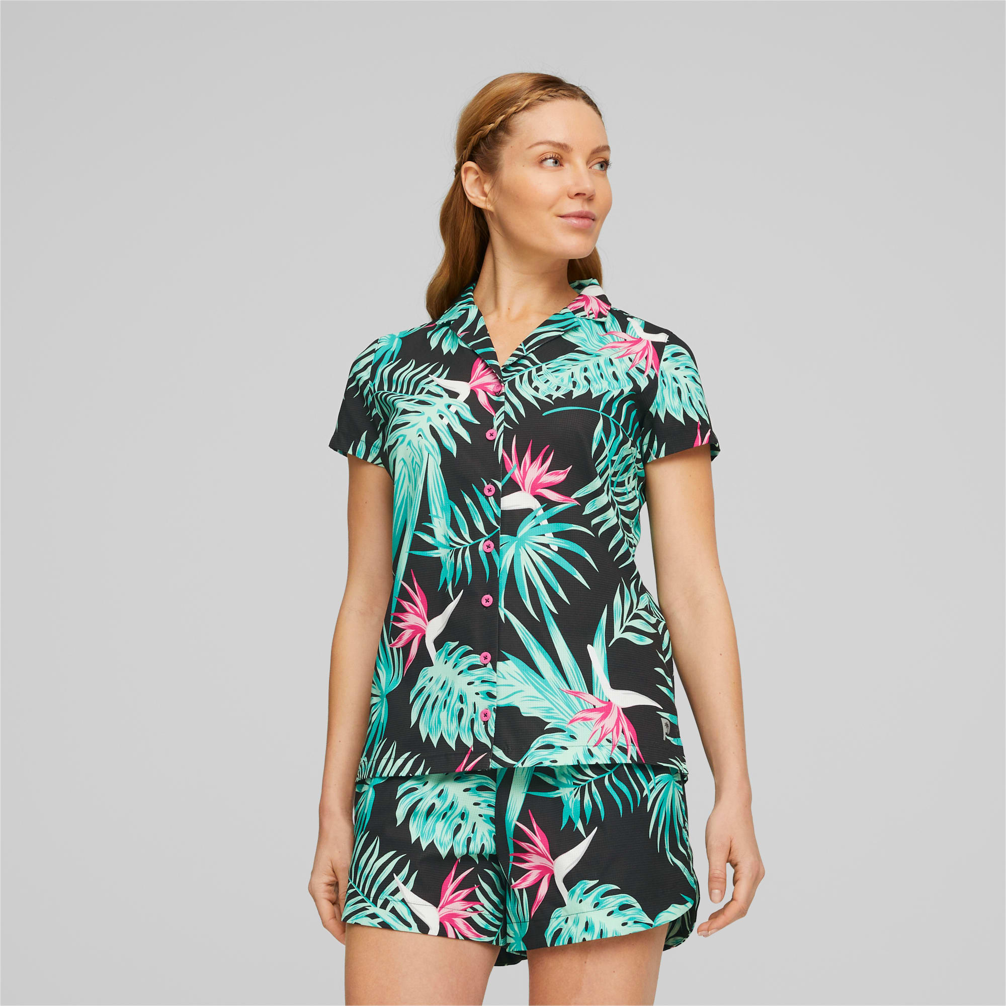 PUMA X Palm Tree Crew Paradise Camp Golf-Shirt Damen, Schwarz, Größe: XL, Kleidung