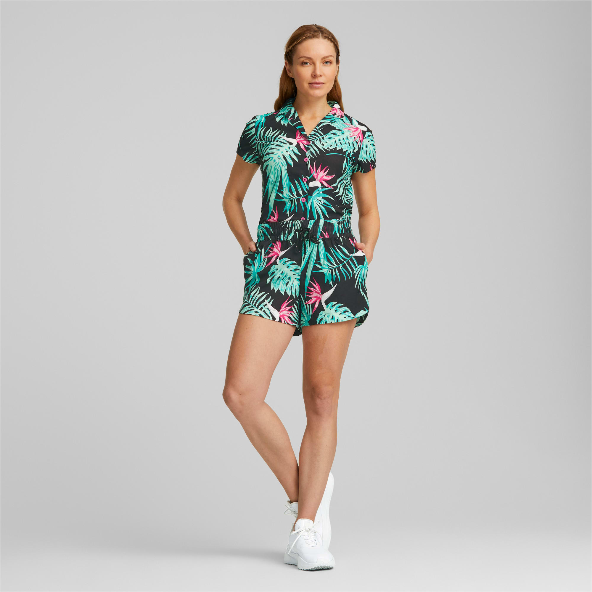 PUMA X Palm Tree Crew Paradise Camp Golf-Shirt Damen, Schwarz, Größe: XL, Kleidung