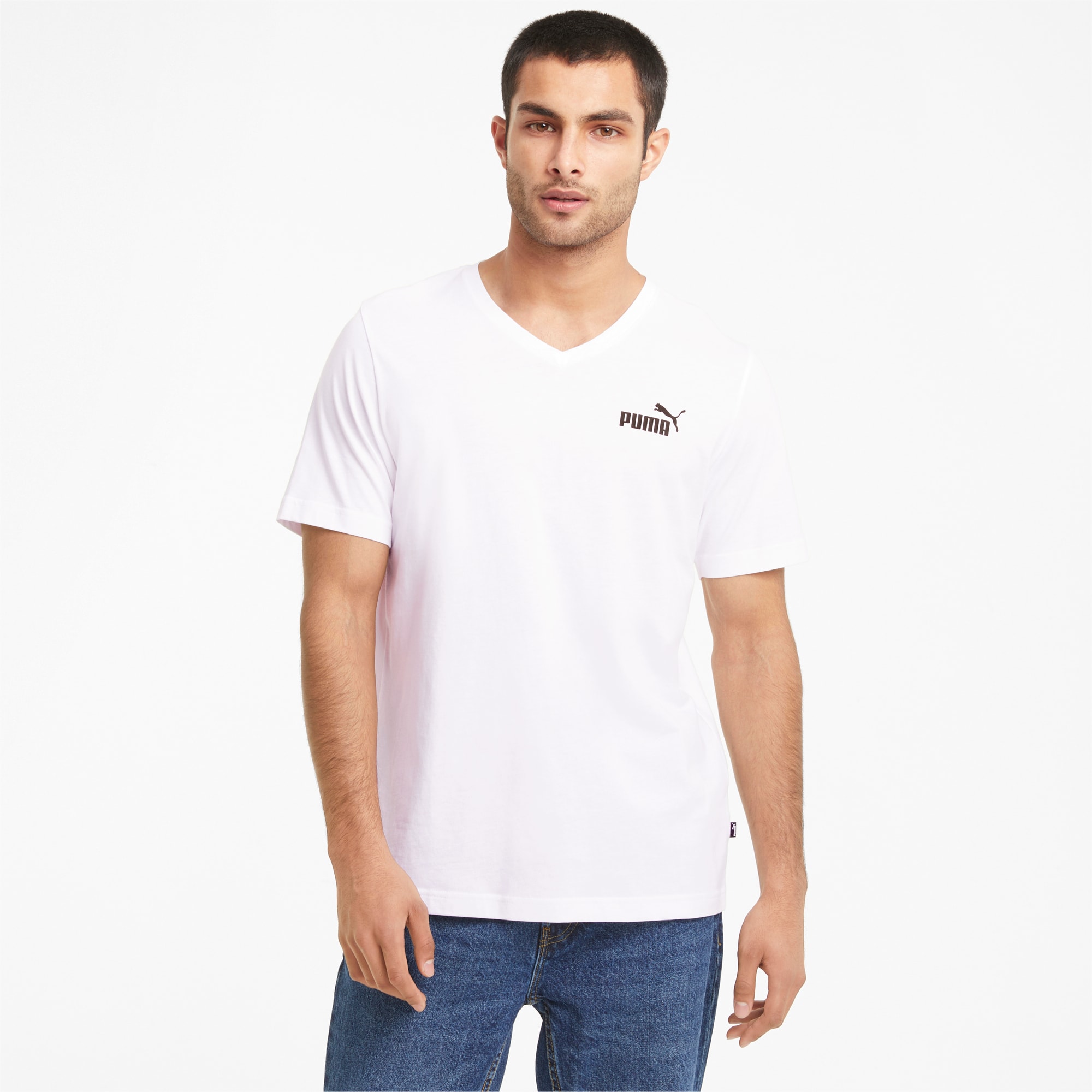 PUMA Essentials V-Neck T-Shirt Men, White, Size L, Clothing