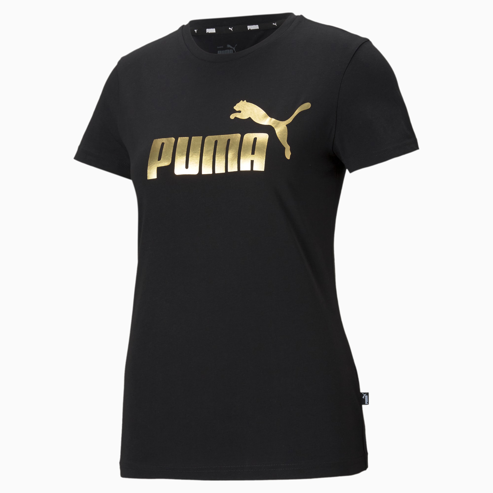 Essentials+ T-shirt met metallic logo dames, Goud/Zwart, Maat XXS | PUMA