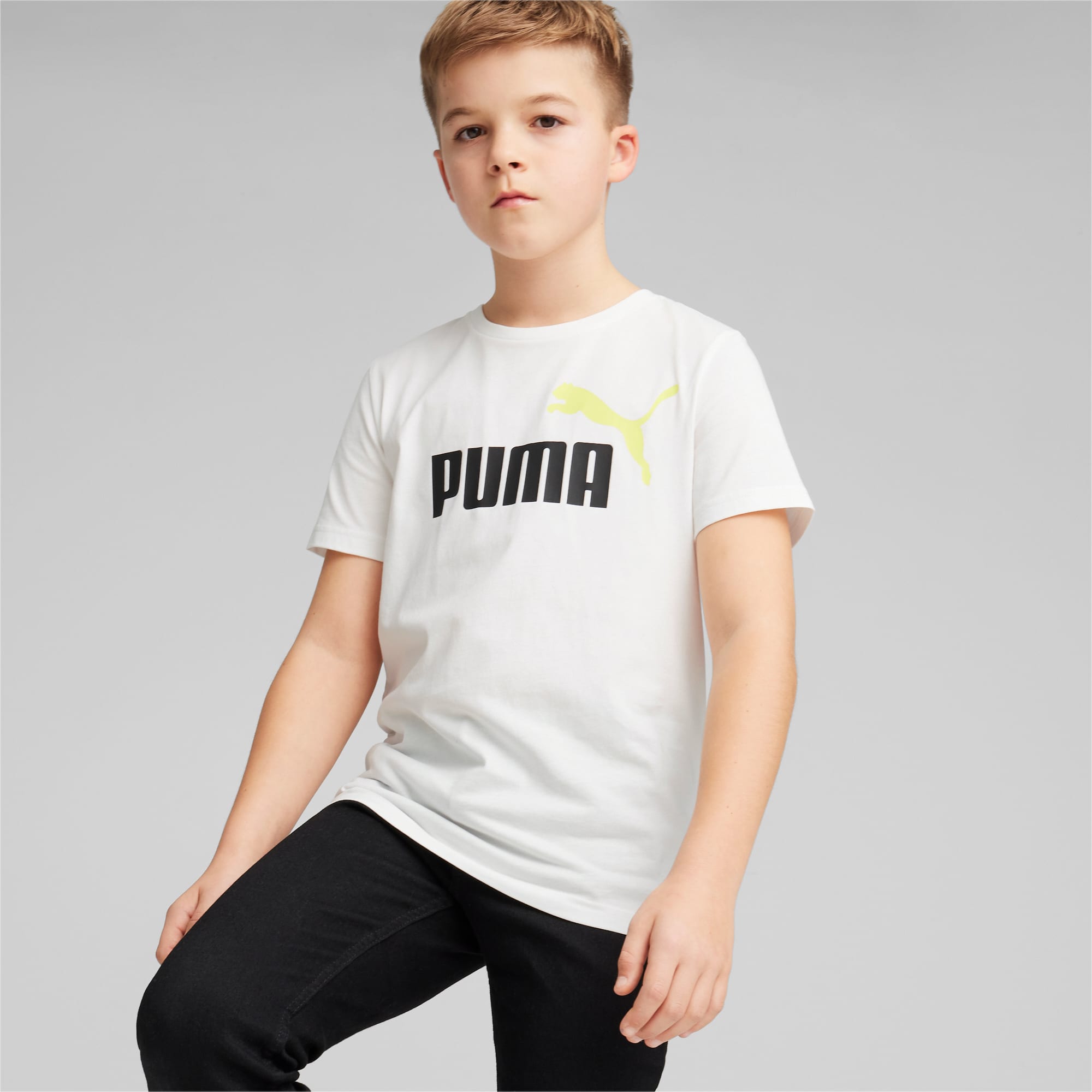 PUMA Essentials+ Two-Tone Logo Youth T-Shirt, White/Lime Sheen, Size 92, Clothing