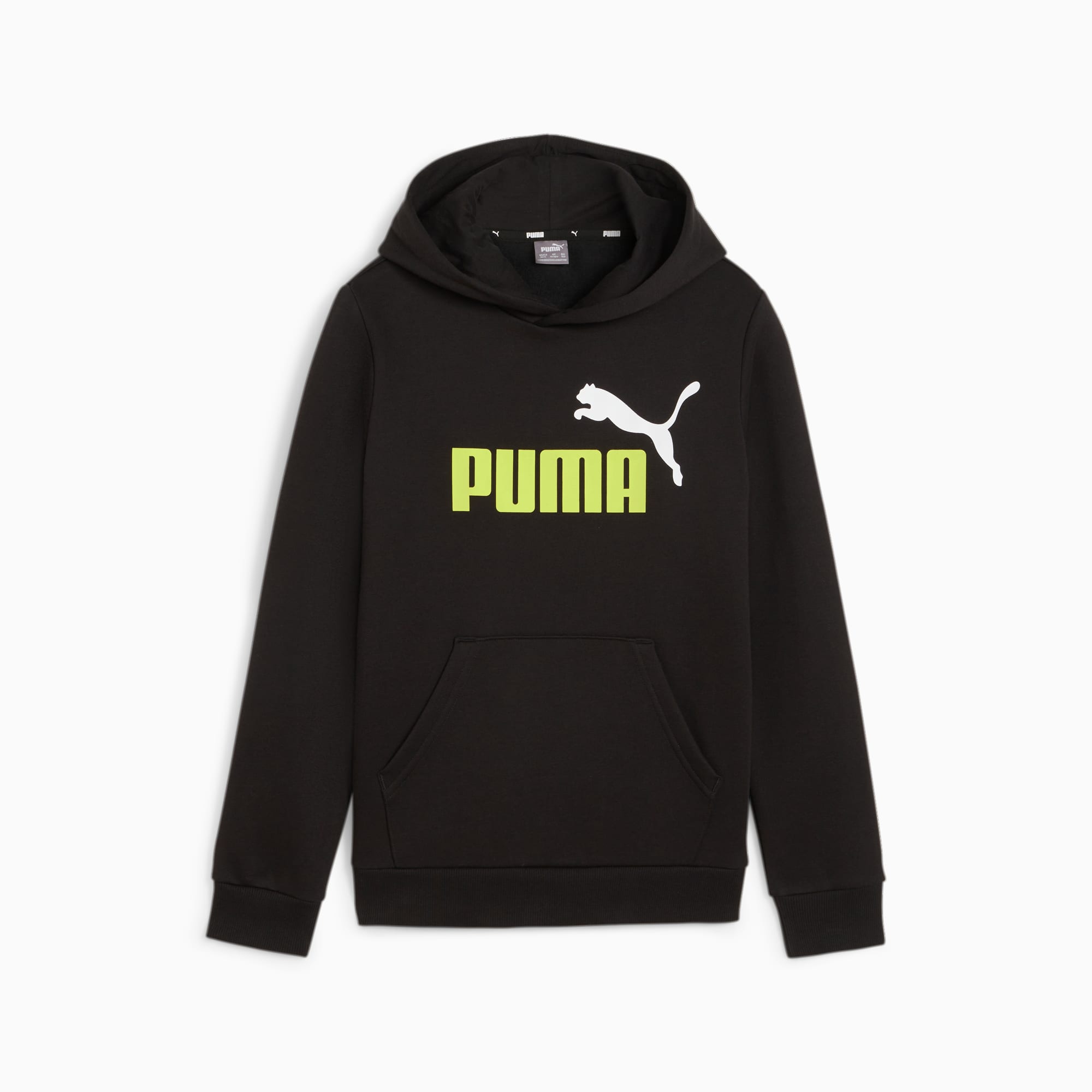 PUMA Essentials+ Two-Tone Big Logo Youth Hoodie, Black/Lime Sheen, Size 92, Clothing
