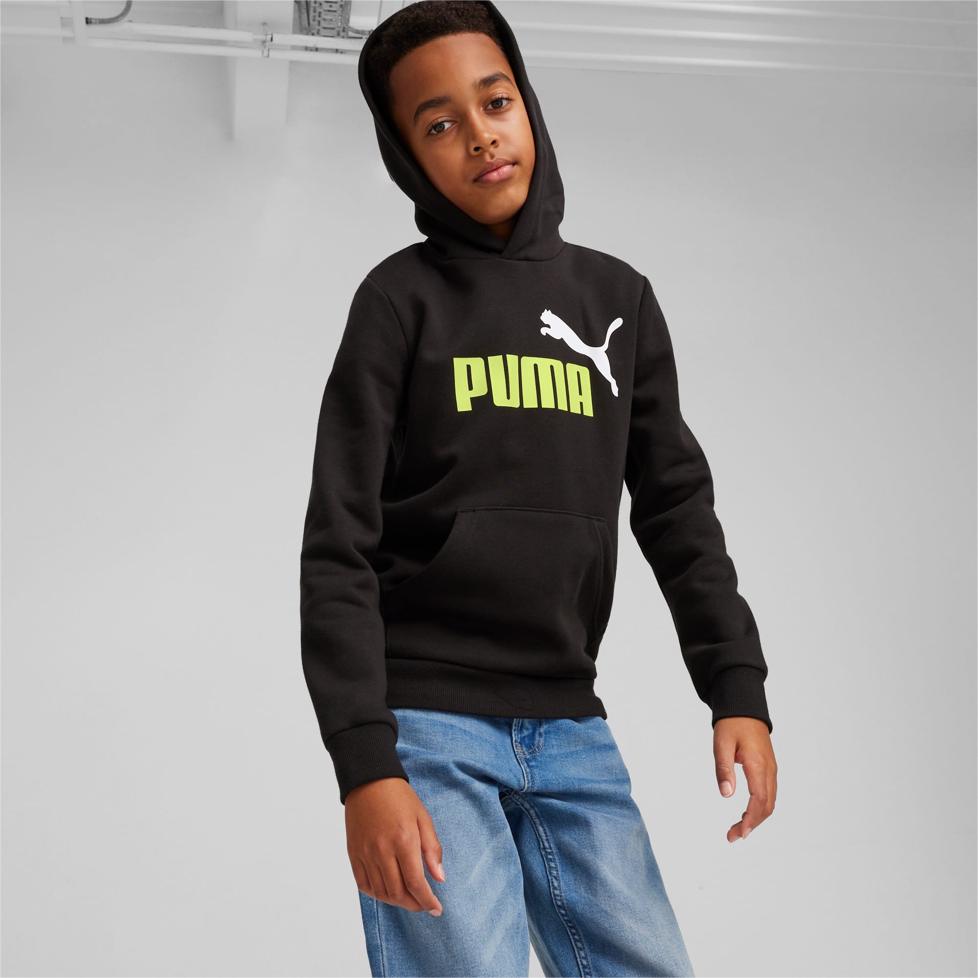 PUMA Essentials+ Two-Tone Big Logo Youth Hoodie, Black/Lime Sheen, Size 92, Clothing