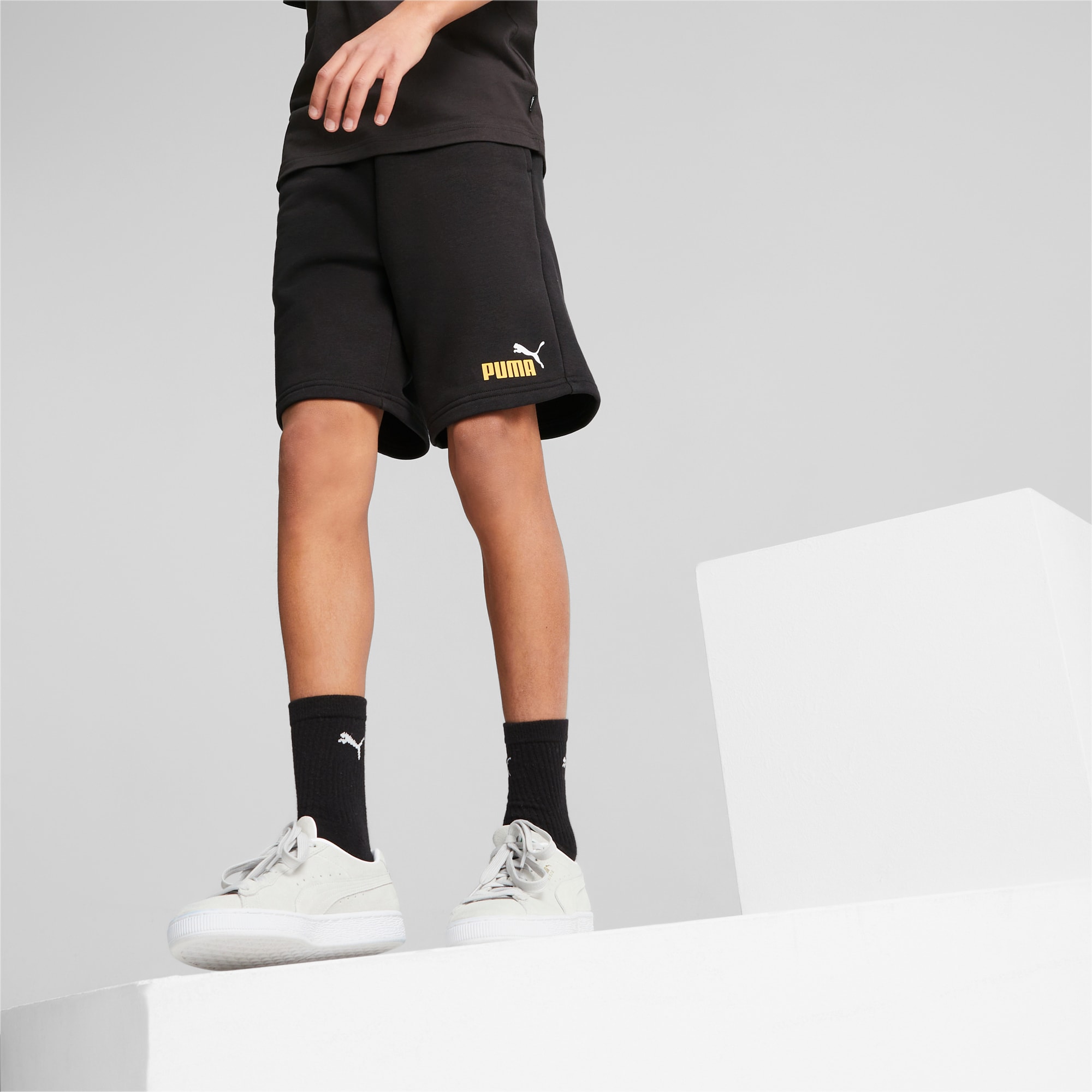 PUMA Essentials+ Two-Tone Youth Shorts, Black/Mustard Seed, Size 92, Clothing
