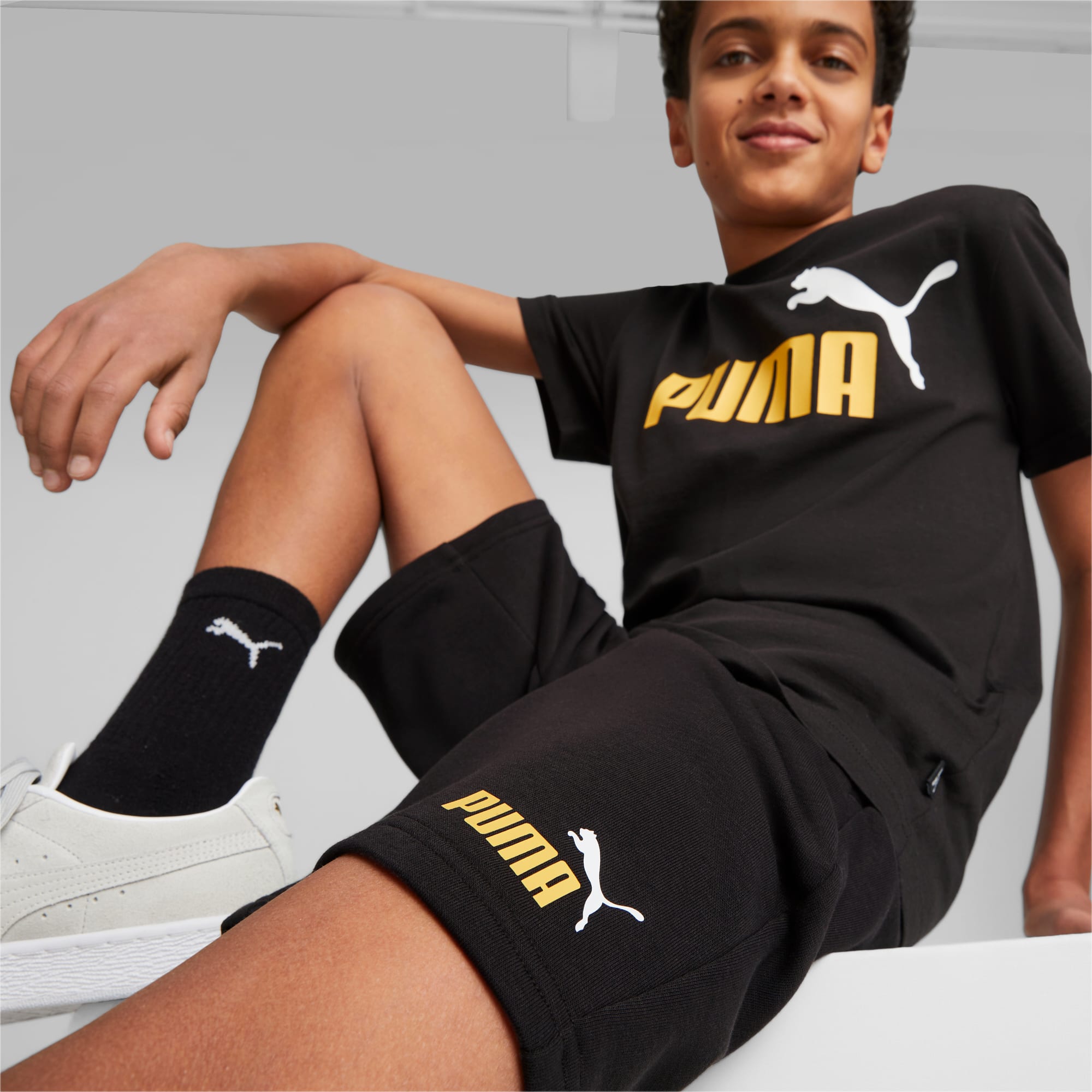 PUMA Essentials+ Two-Tone Youth Shorts, Black/Mustard Seed, Size 92, Clothing