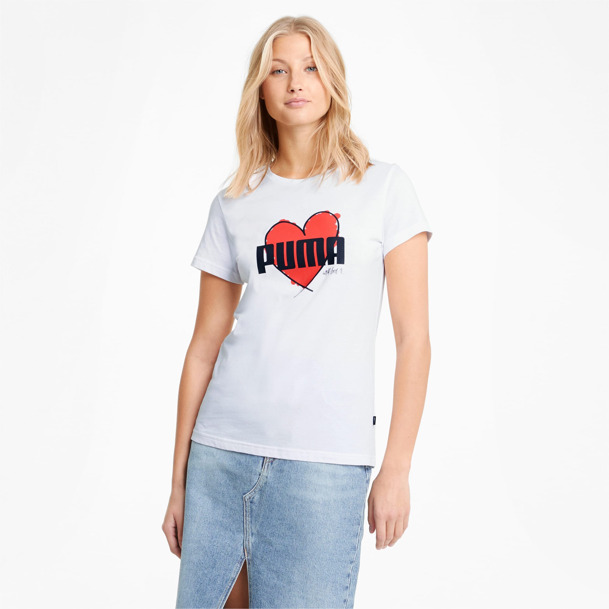 PUMA T-Shirt à cœur femme, Blanc, Taille S, Vêtements