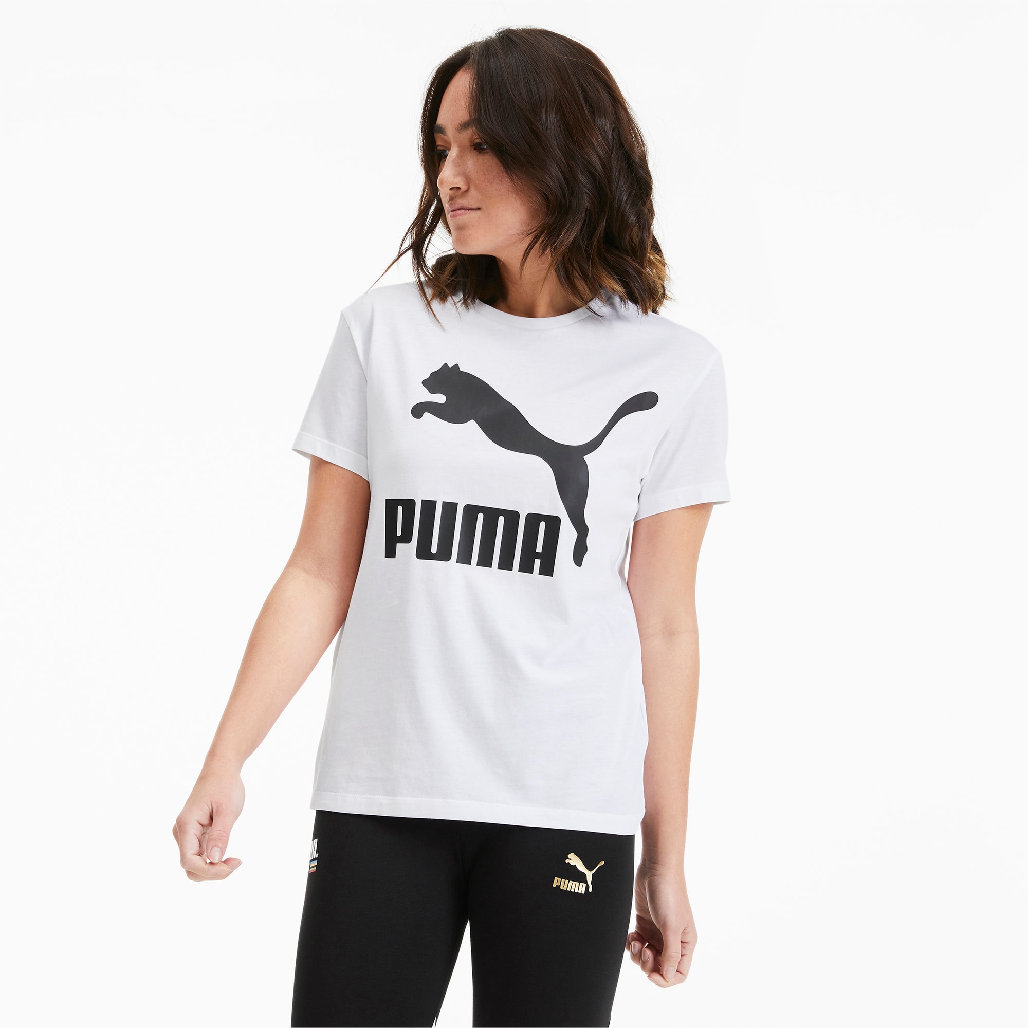PUMA T-Shirt Classics Logo pour Femme, Blanc, Taille L, Vêtements