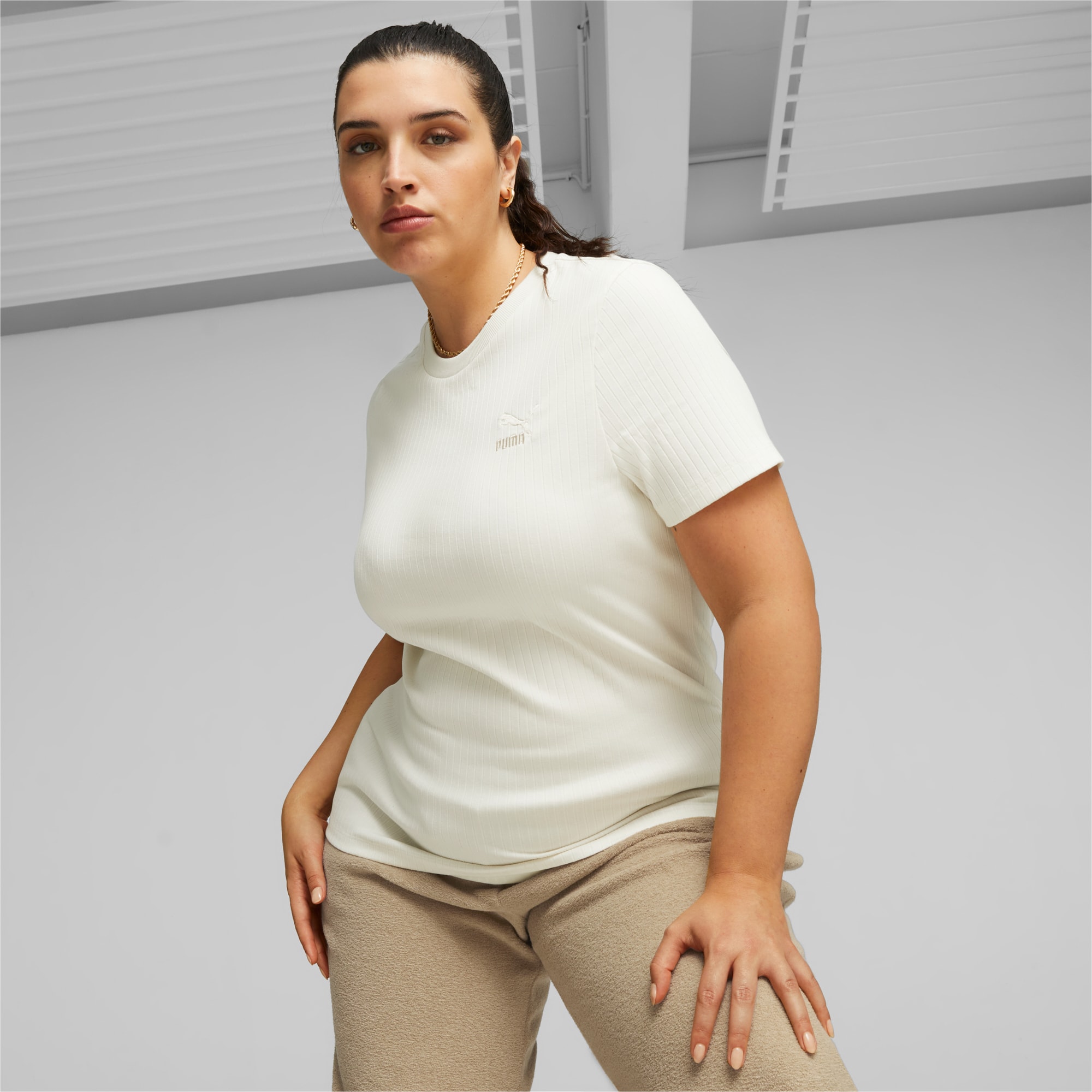PUMA Classics Women's Ribbed Slim T-Shirt, Multi, Size XXS, Clothing