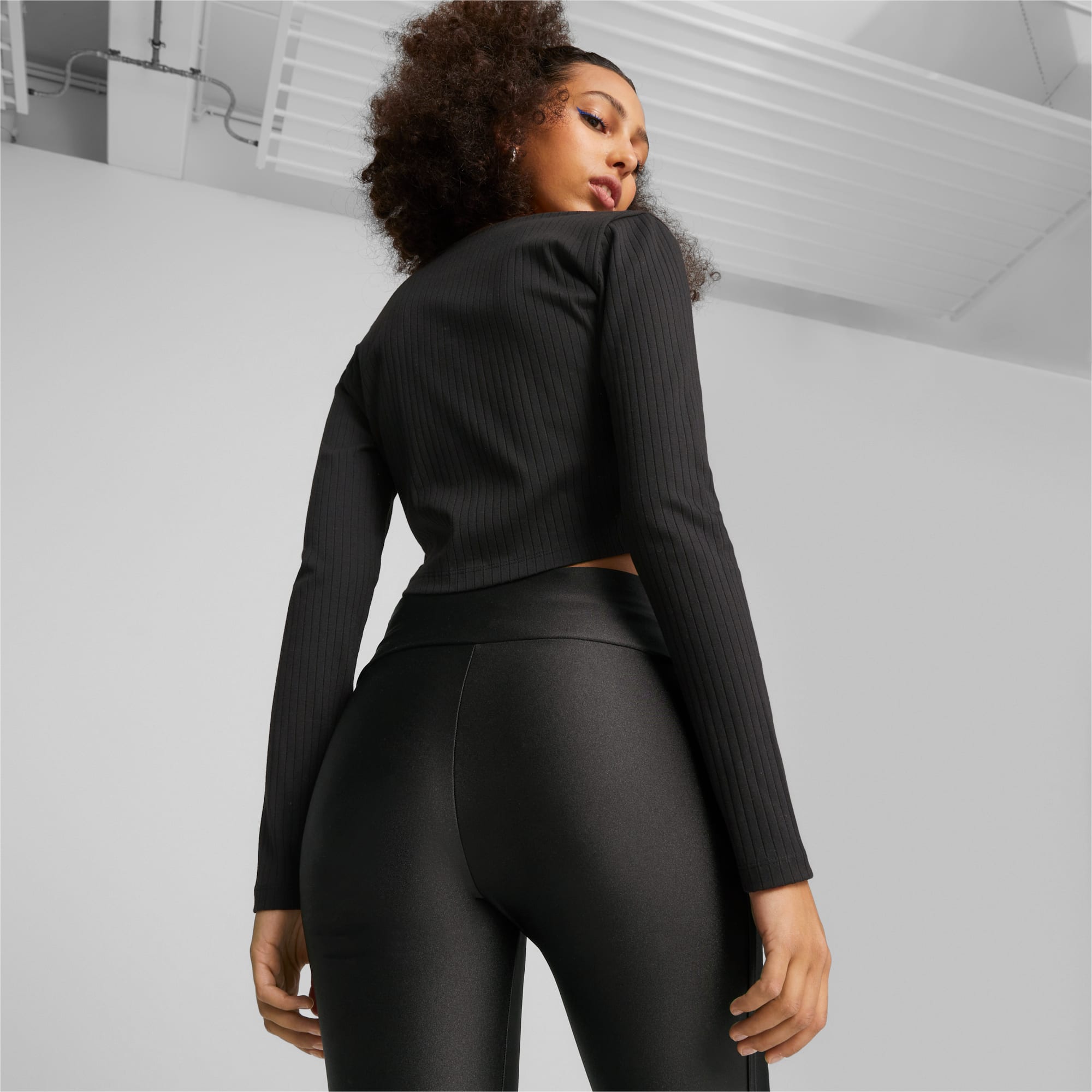 PUMA Classics Women's Ribbed Long Sleeve Shirt, Black, Size XL, Clothing
