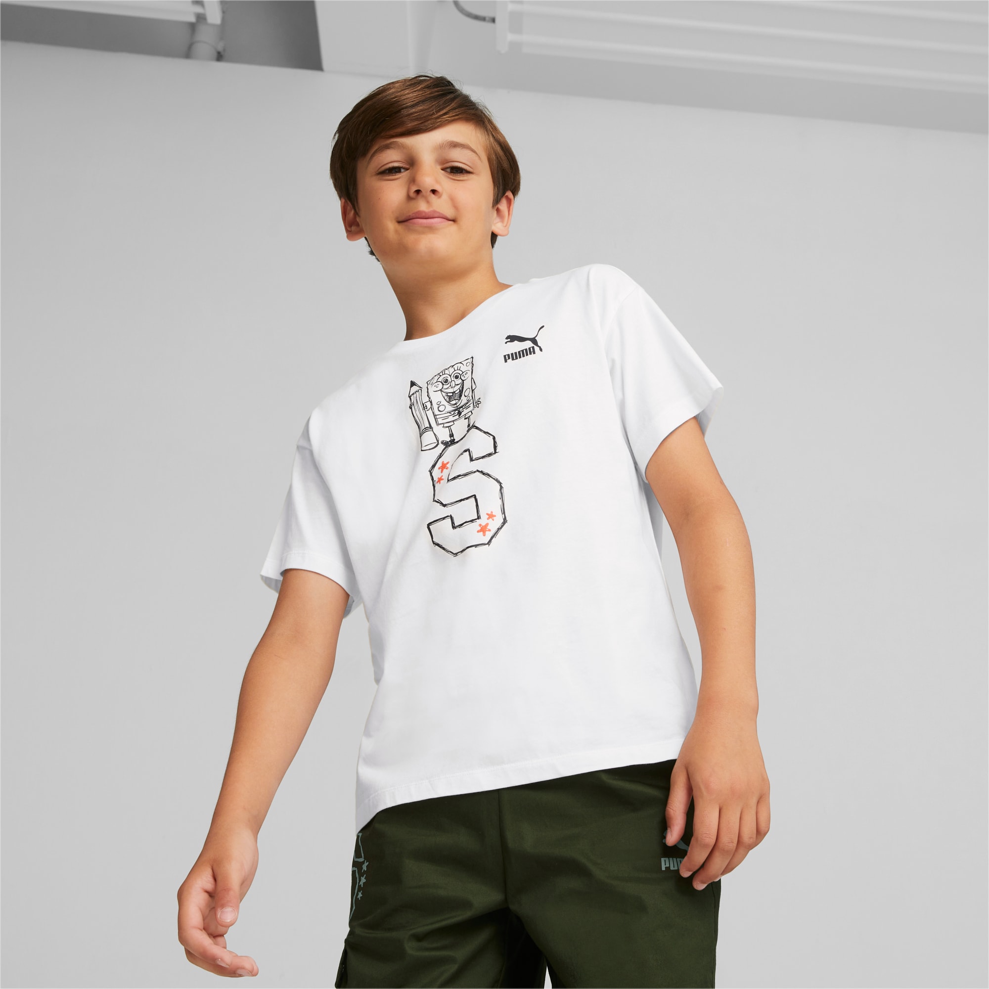PUMA X SPONGEBOB SCHWAMMKOPF Graphic T-Shirt Teenager Für Kinder, Weiß, Größe: 128, Kleidung