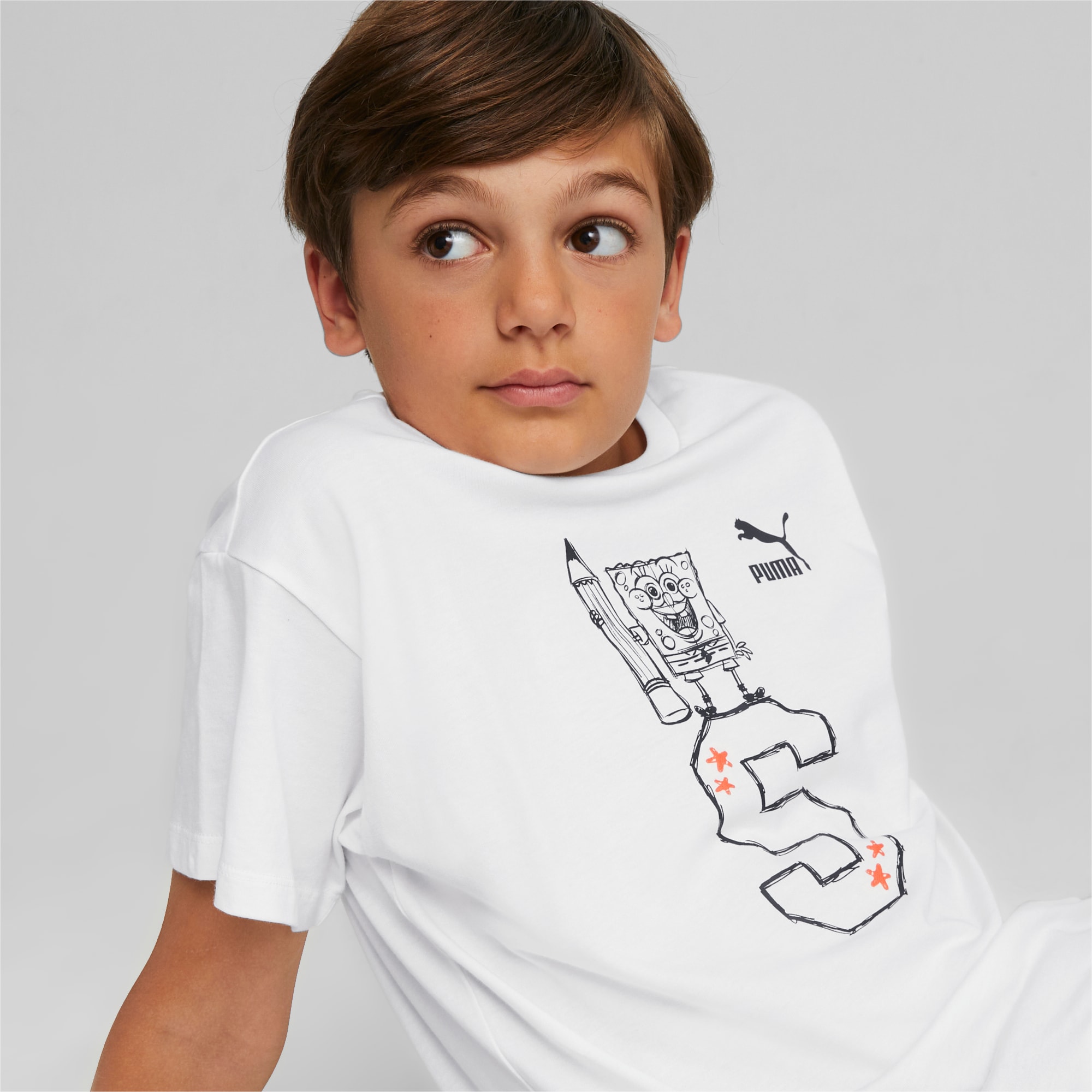 PUMA X SPONGEBOB SCHWAMMKOPF Graphic T-Shirt Teenager Für Kinder, Weiß, Größe: 128, Kleidung