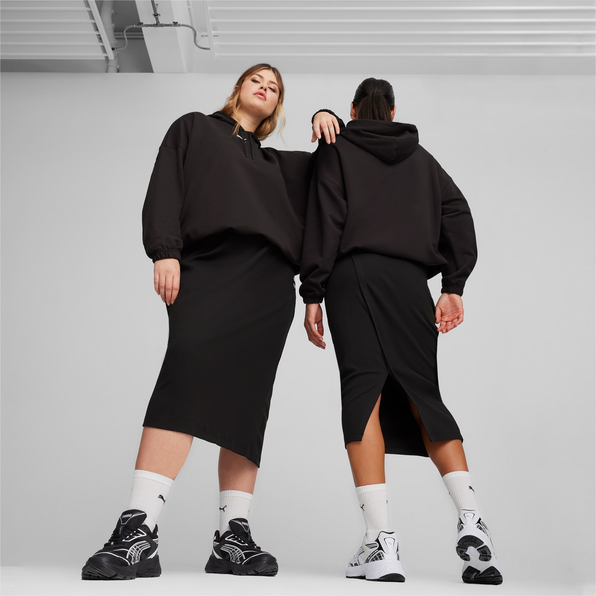 PUMA Classics Women's Ribbed Midi Skirt, Black, Size XXS, Clothing
