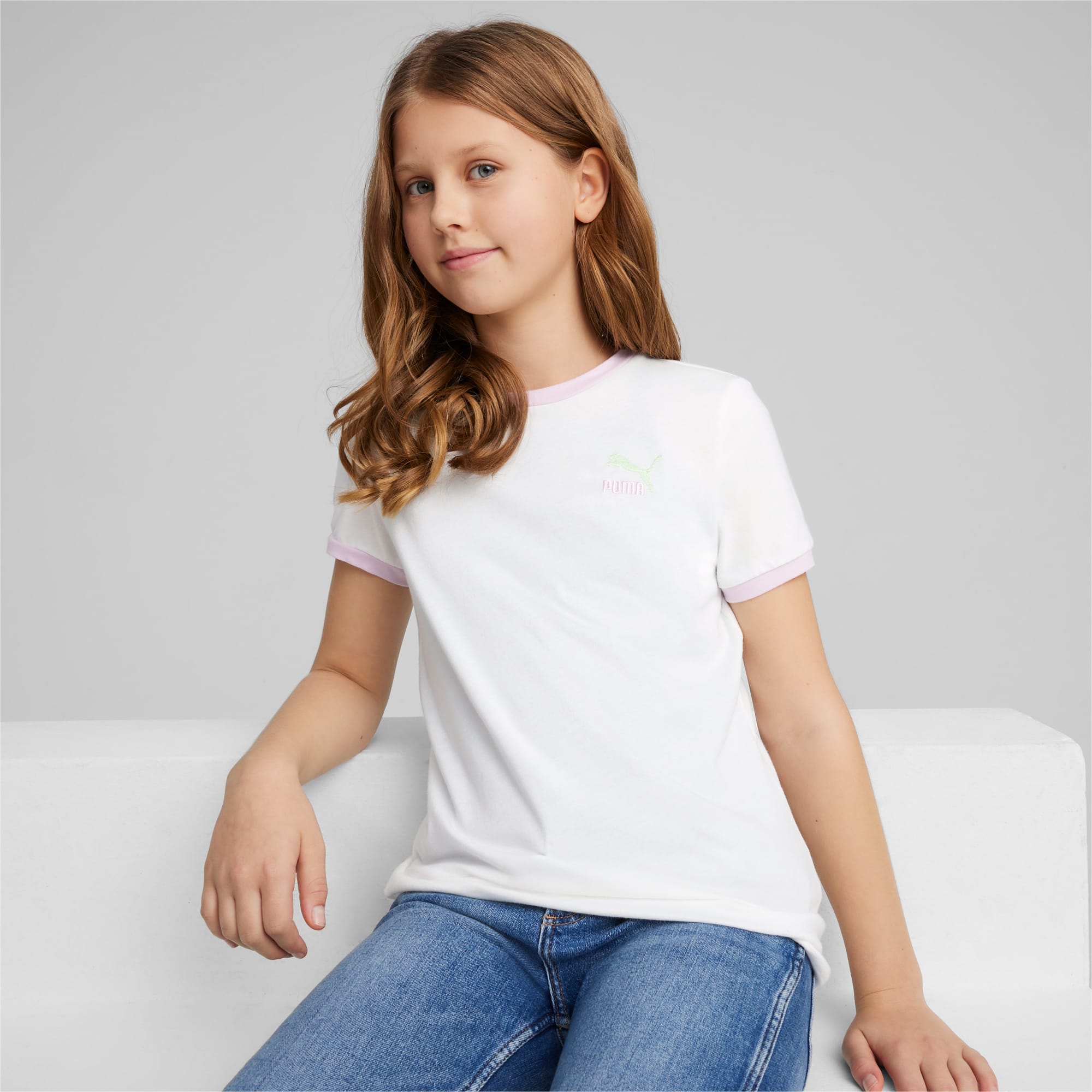 PUMA Classics Match Point Youth T-Shirt, White, Size 128, Clothing