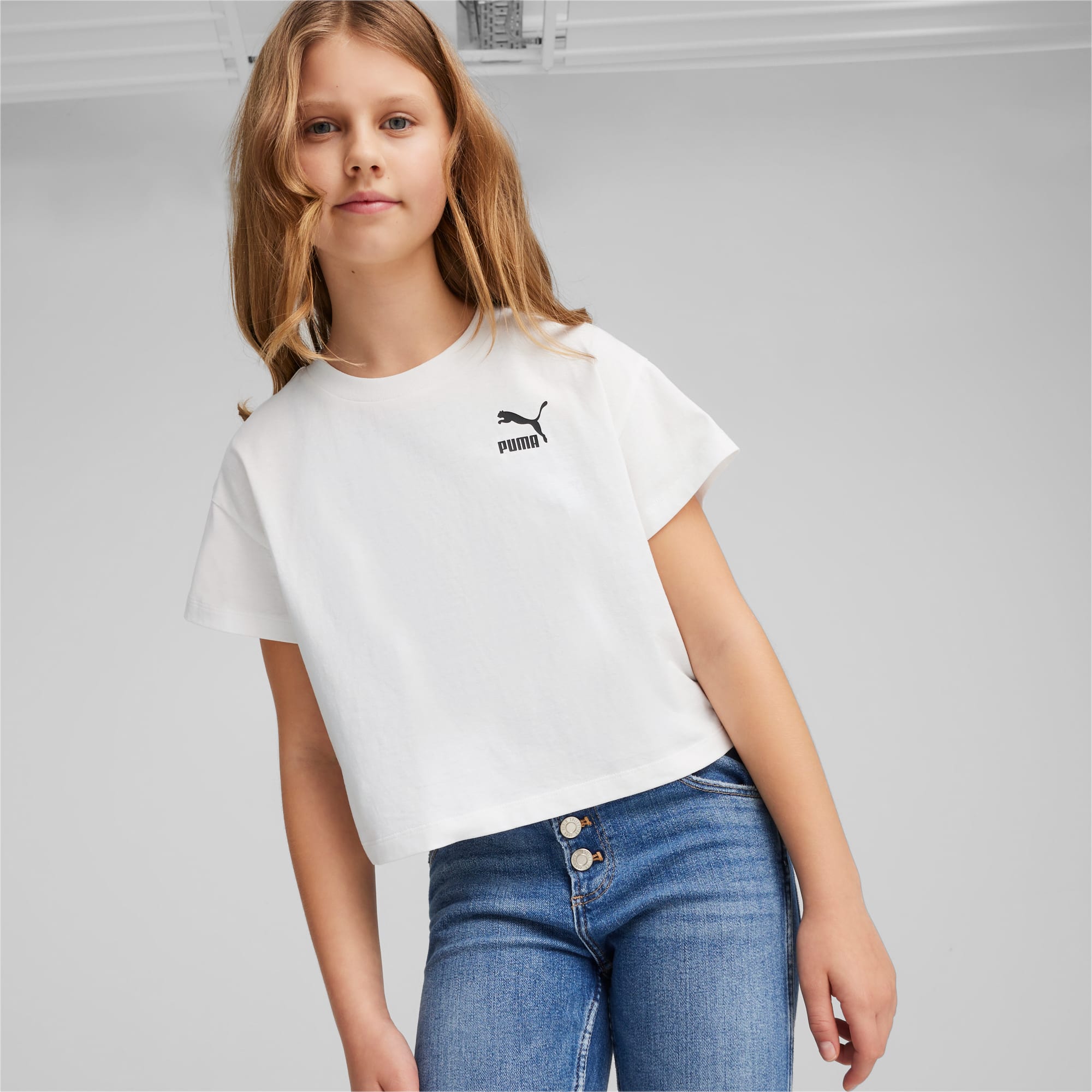 PUMA Better Classics Girl's T-Shirt, White, Size 128, Clothing
