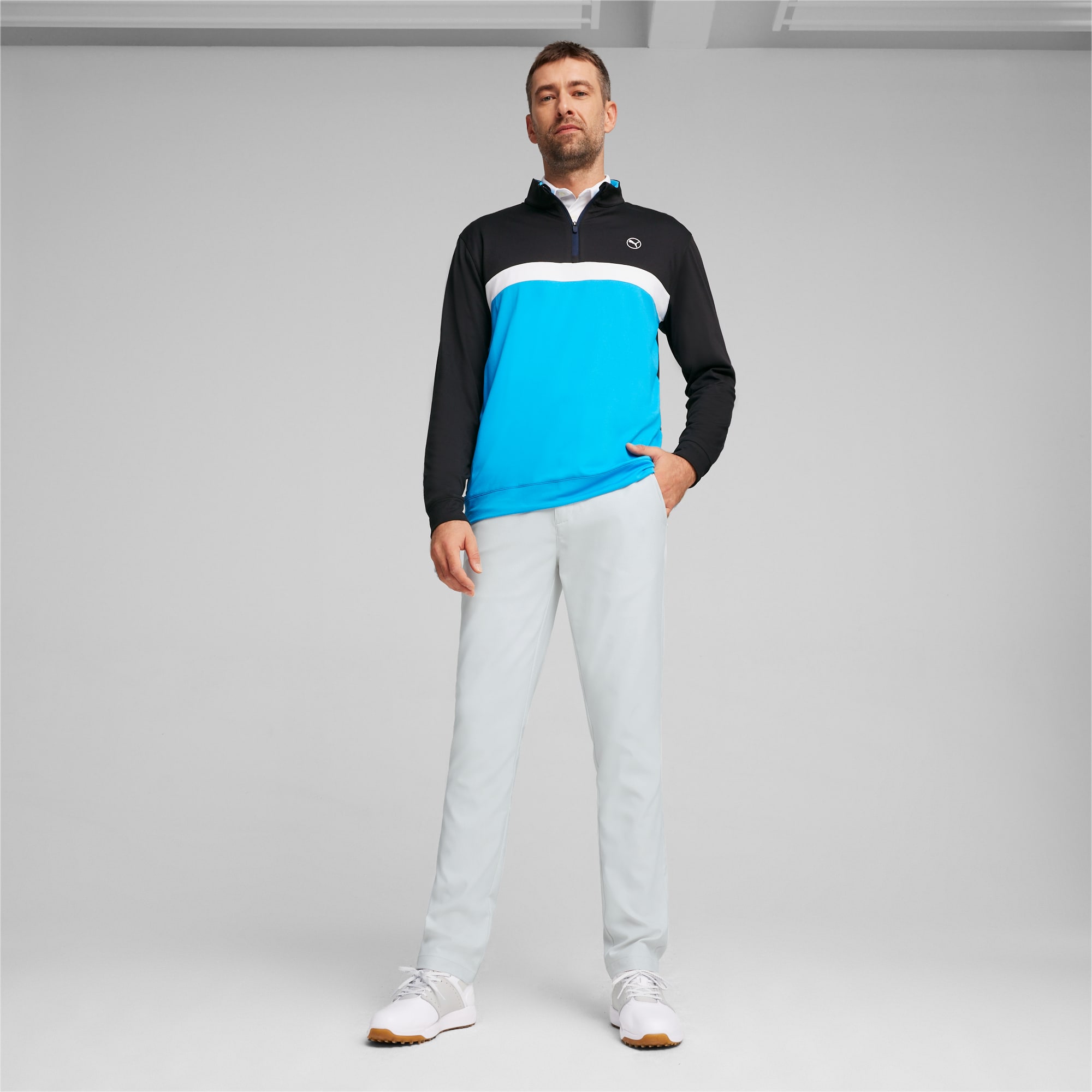 PUMA Pure Colourblock Golftop Met Kwartrits Voor Heren, Zwart/Blauw