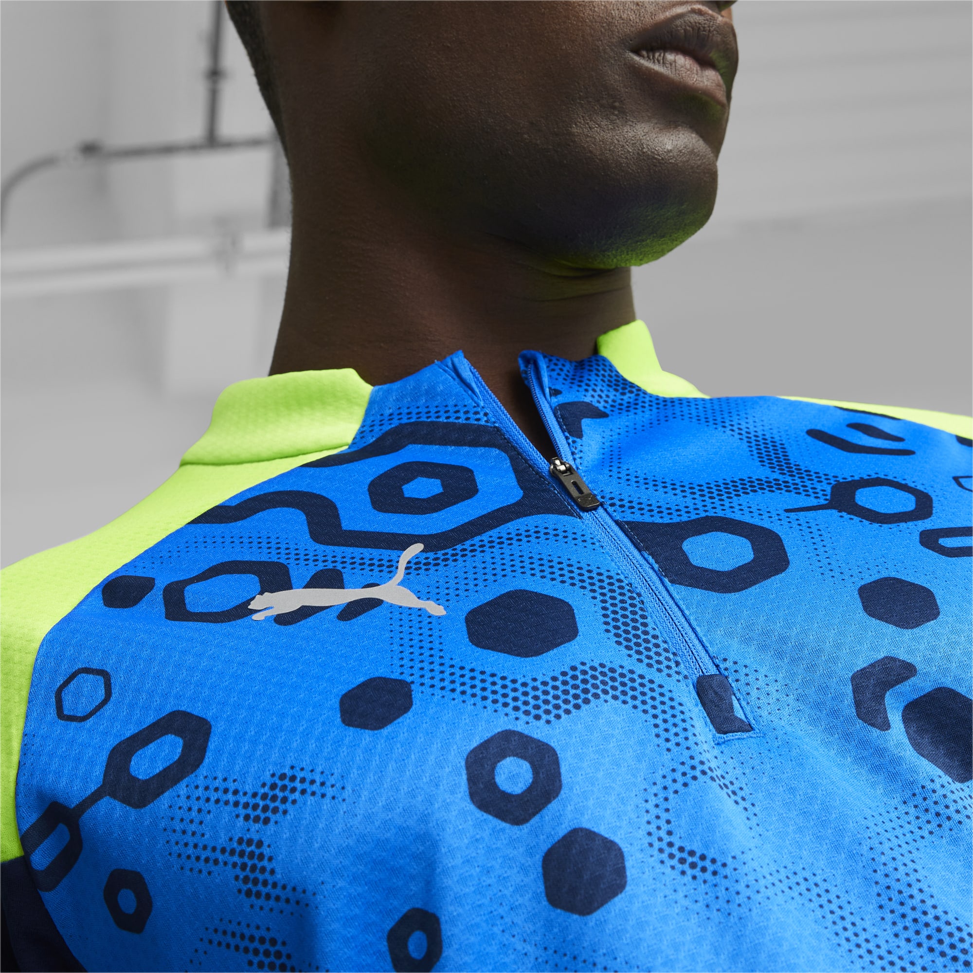 Men's PUMA Individualcup Football Quarter-Zip Top Shirt, Persian Blue/Pro Green, Size XS, Clothing