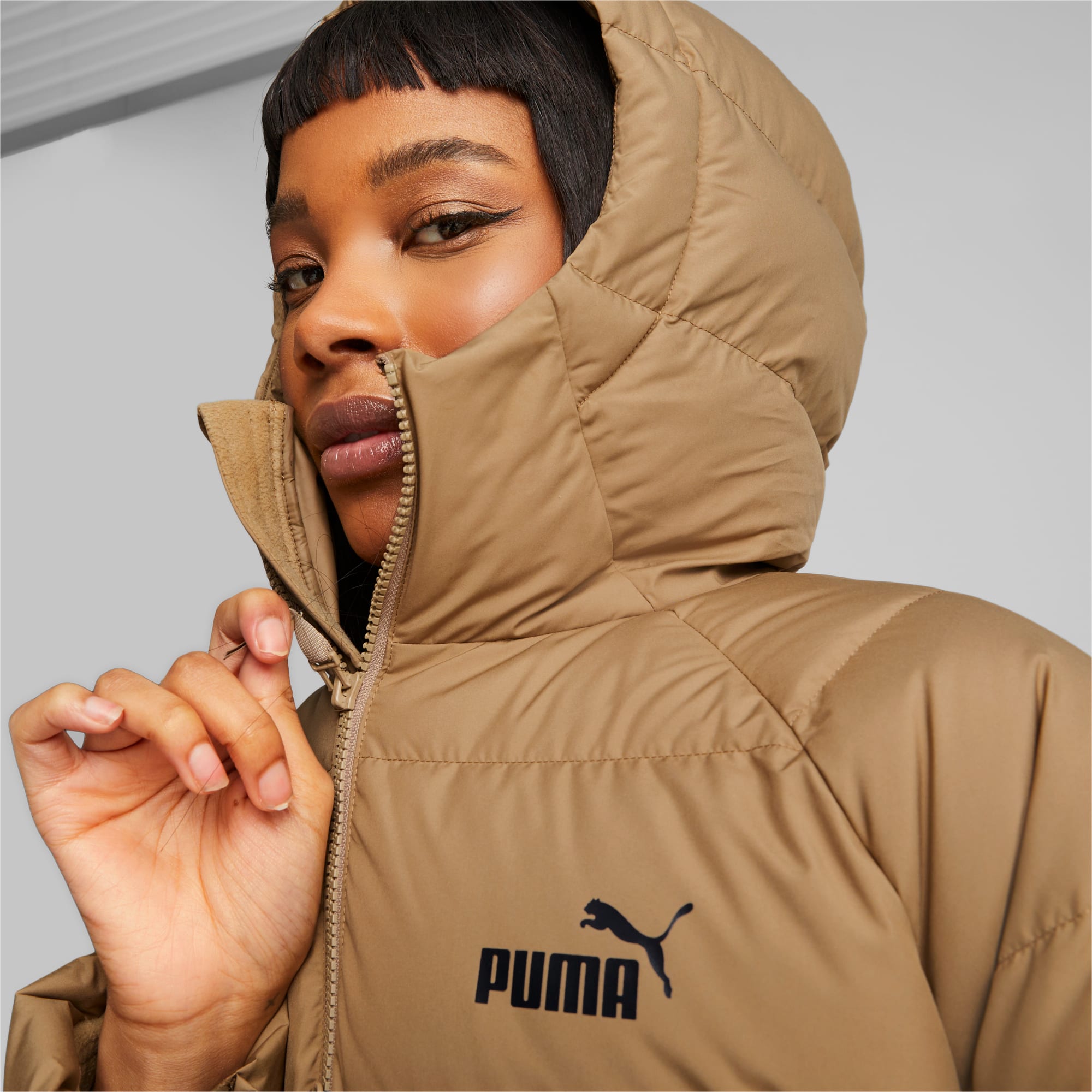 PUMA Women's Long Hooded Down Coat, Toasted