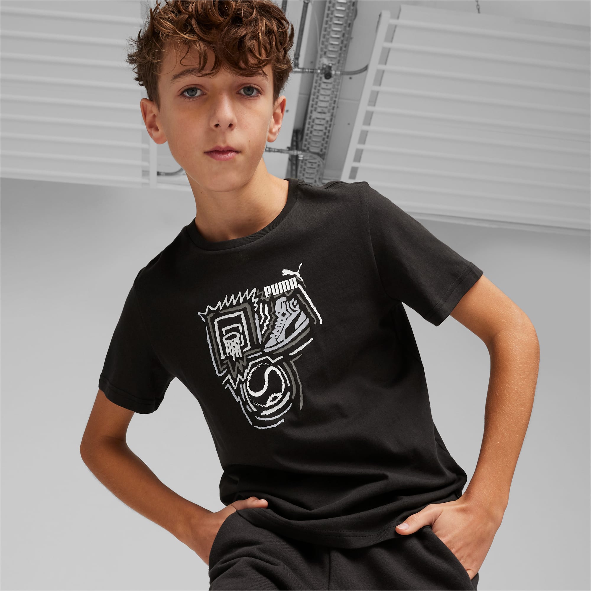 PUMA GRAPHICS Year Of Sports T-Shirt Teenager Für Kinder, Schwarz, Größe: 164, Kleidung