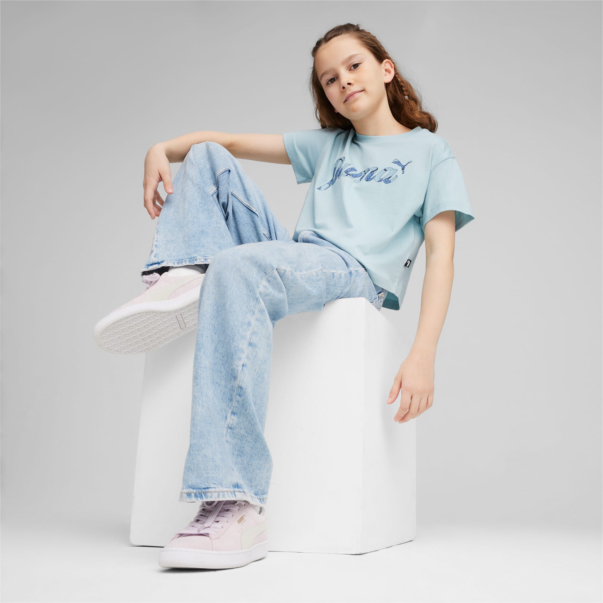 PUMA Ess+ Blossom Youth Short T-Shirt, Turquoise Surf