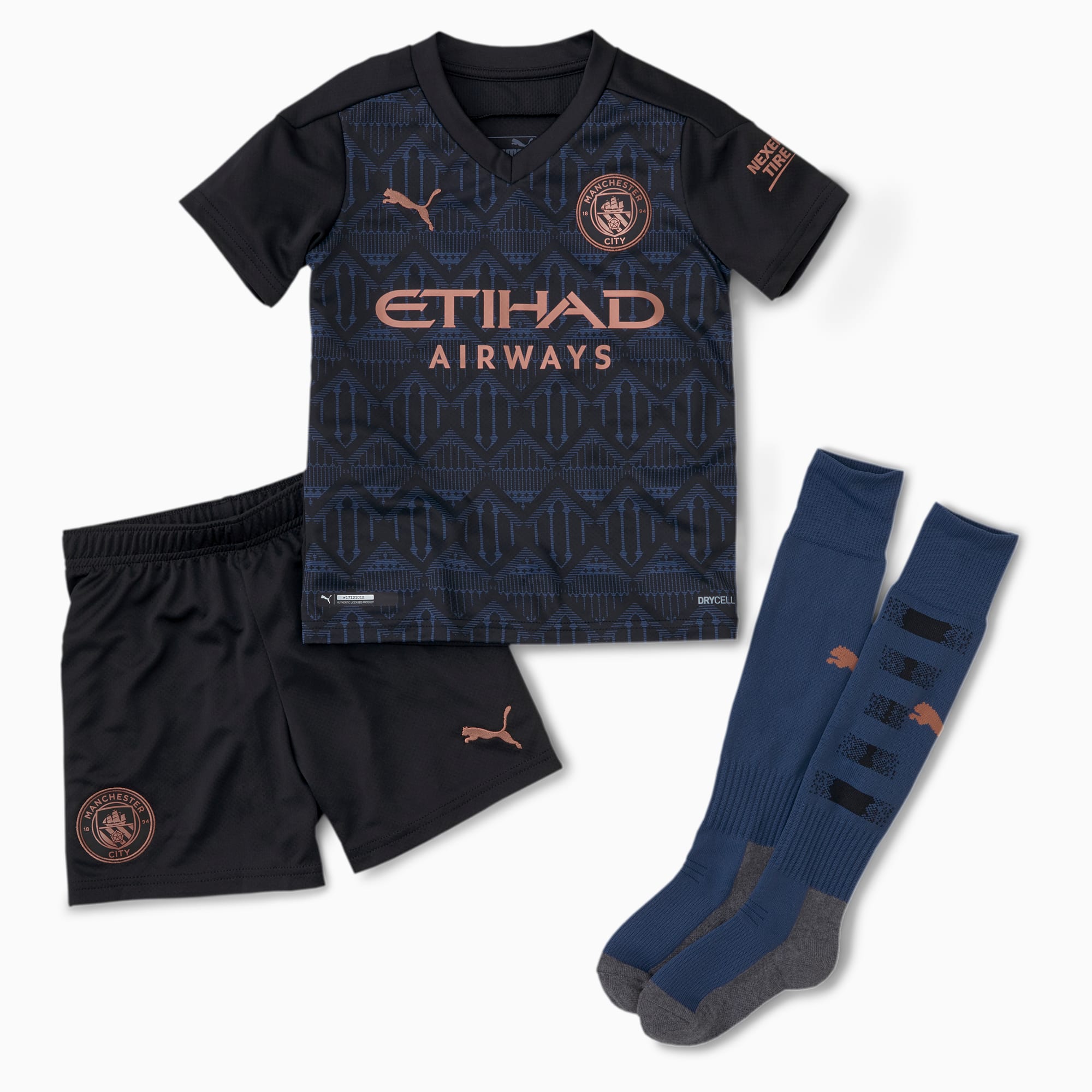 PUMA Mini set Extérieur Manchester City enfant et adolescent, Noir/Bleu, Taille 104, Vêtements