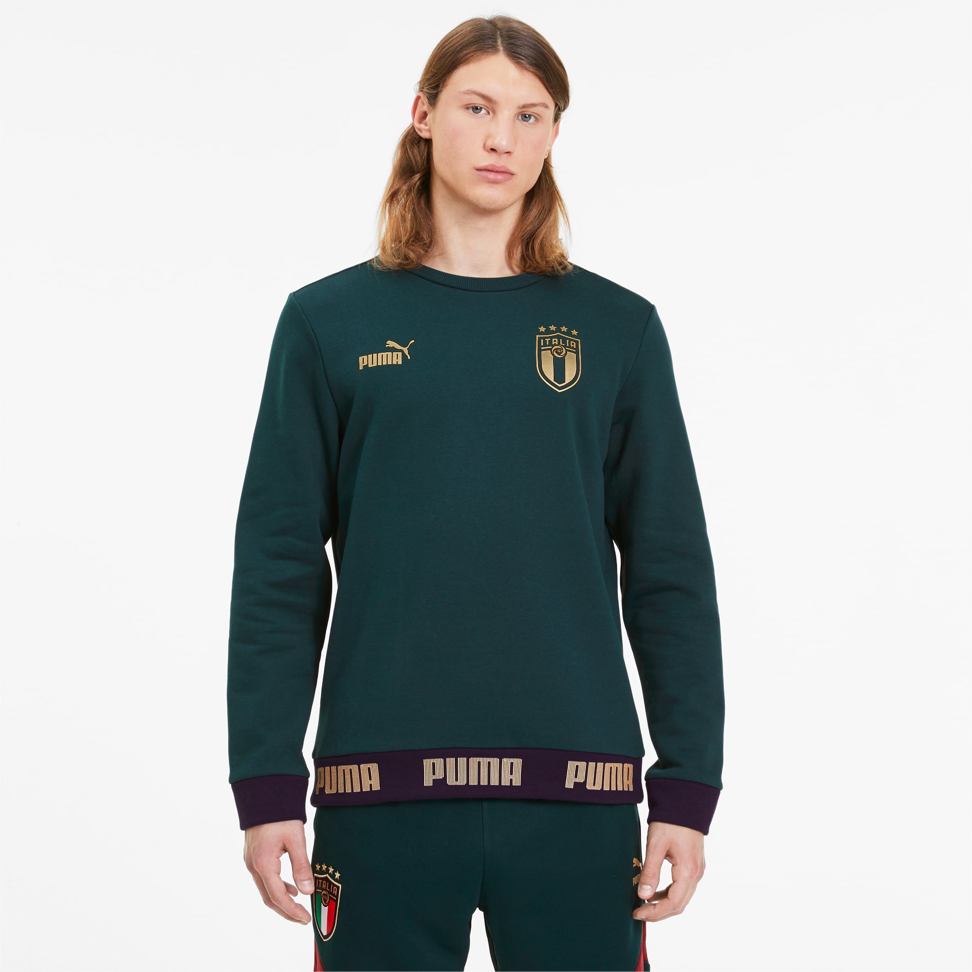PUMA Sweatshirt Italia Football Culture pour Homme, Vert/Or, Taille S, Vêtements