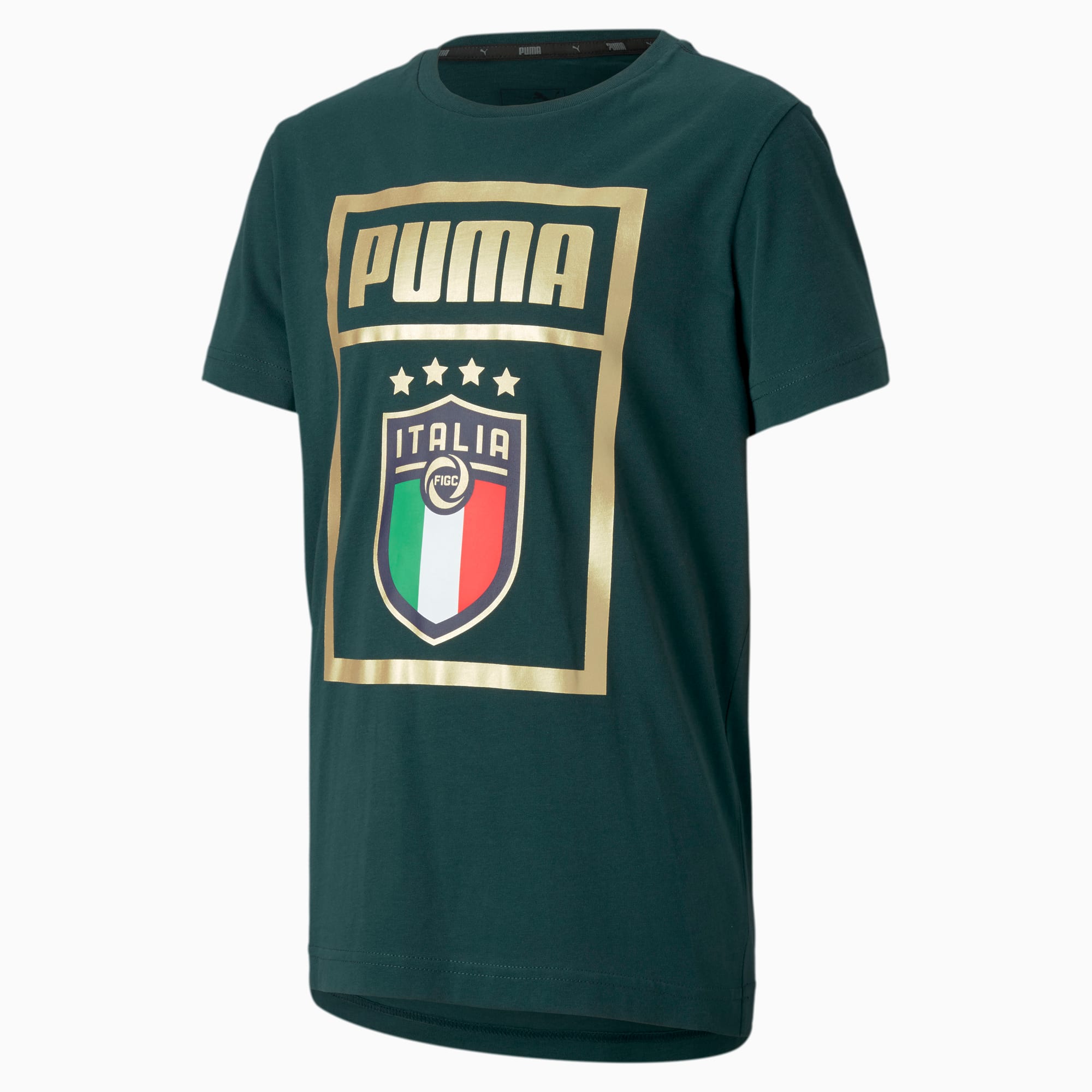 PUMA T-Shirt Italia DNA pour enfant, Vert/Or, Taille 116, Vêtements