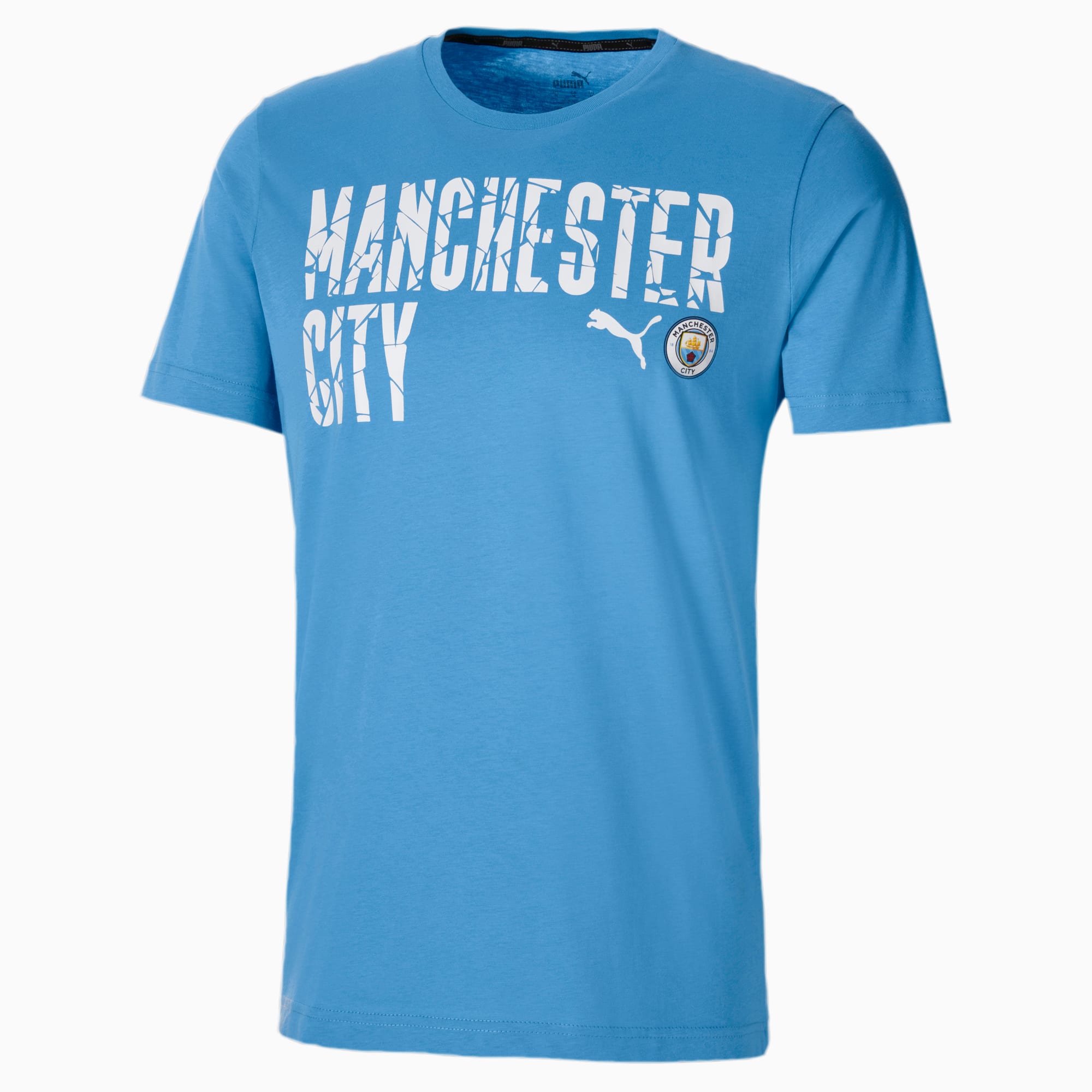 PUMA T-Shirt Man City ftblCORE Wording Football pour Homme, Bleu/Blanc, Taille S, Vêtements