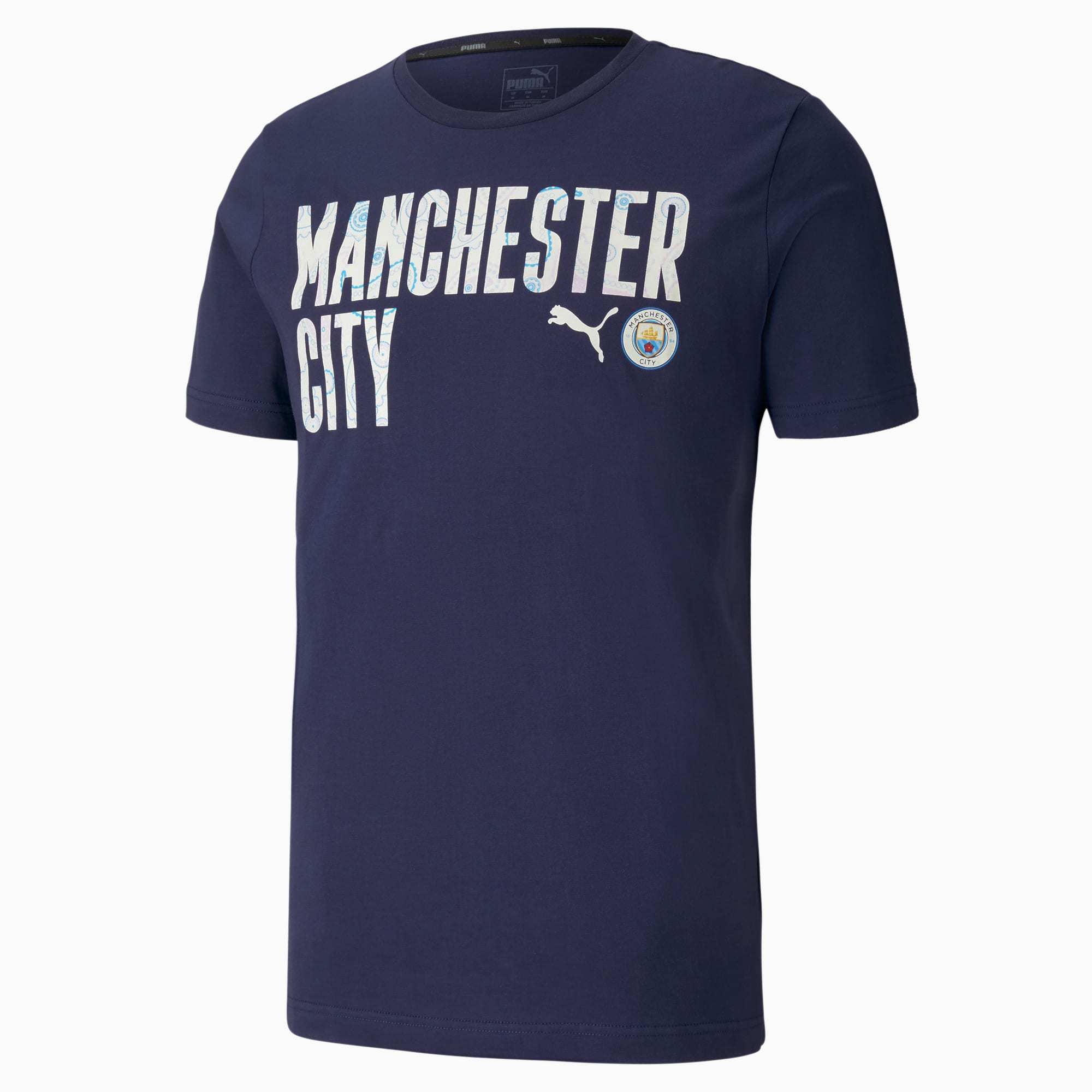 PUMA T-Shirt Man City ftblCORE Wording Football pour Homme, Bleu/Blanc, Taille M, Vêtements