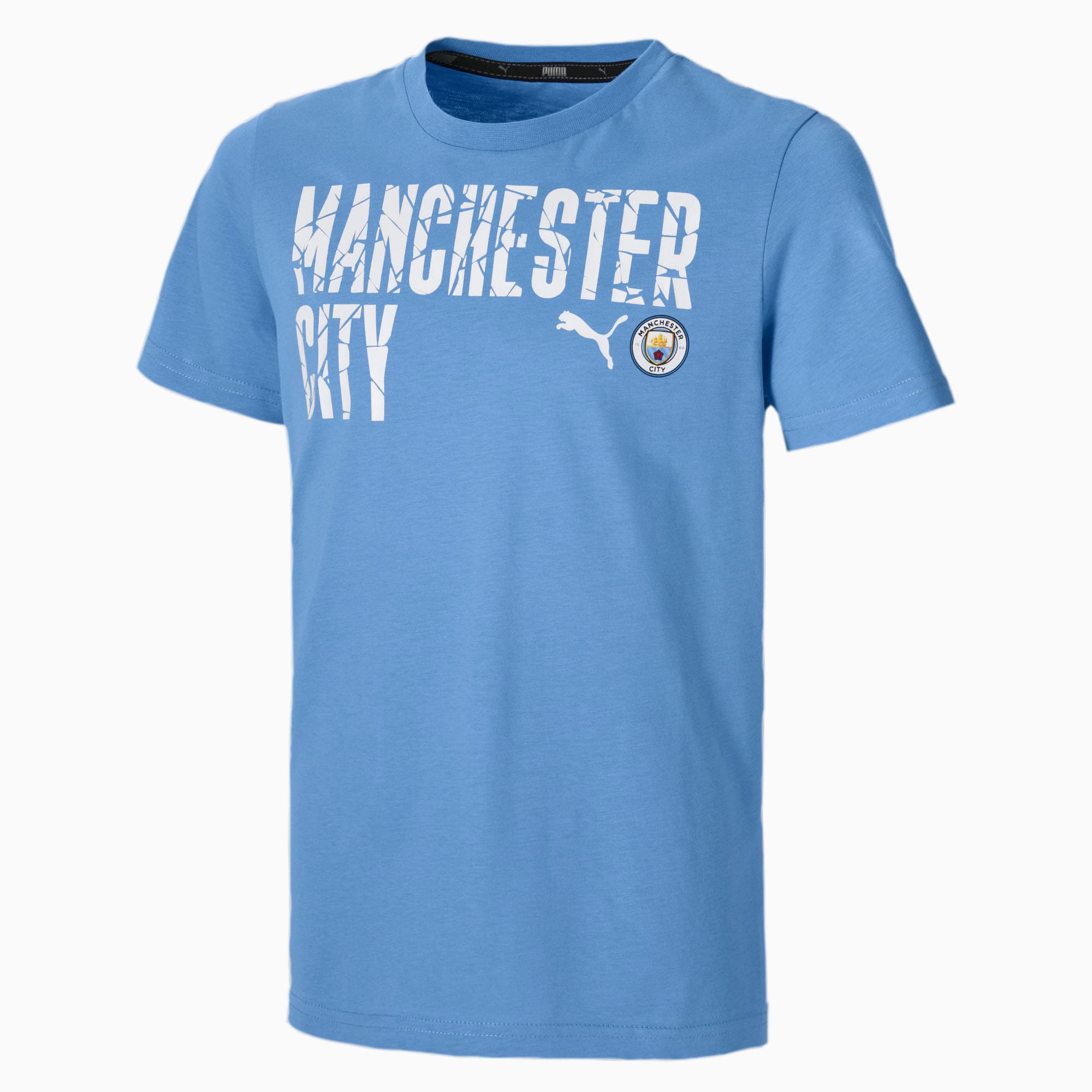 PUMA T-Shirt Man City ftblCORE Wording Football pour garçon, Bleu/Blanc, Taille 110, Vêtements