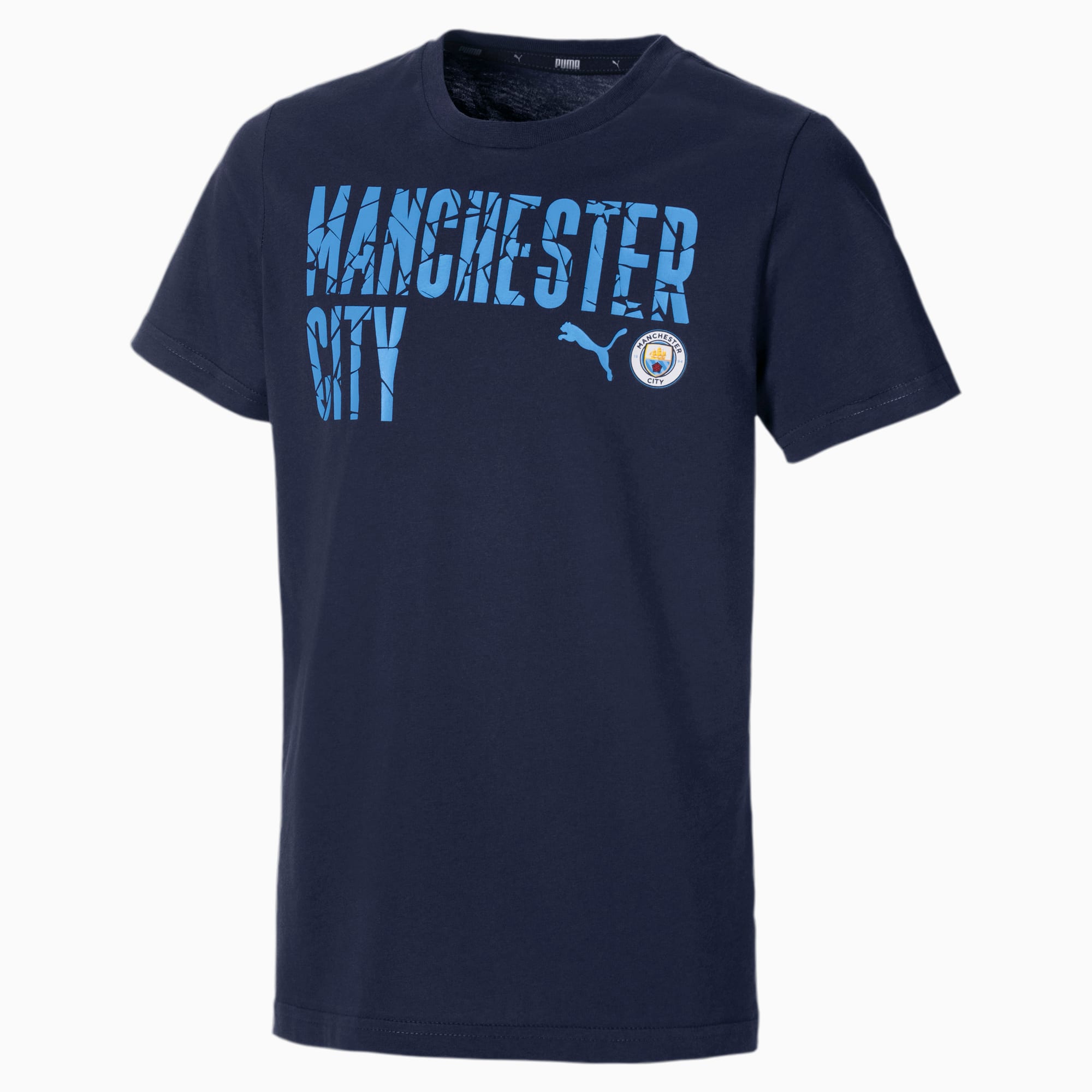 PUMA T-Shirt Man City ftblCORE Wording Football pour garçon, Bleu, Taille 110, Vêtements