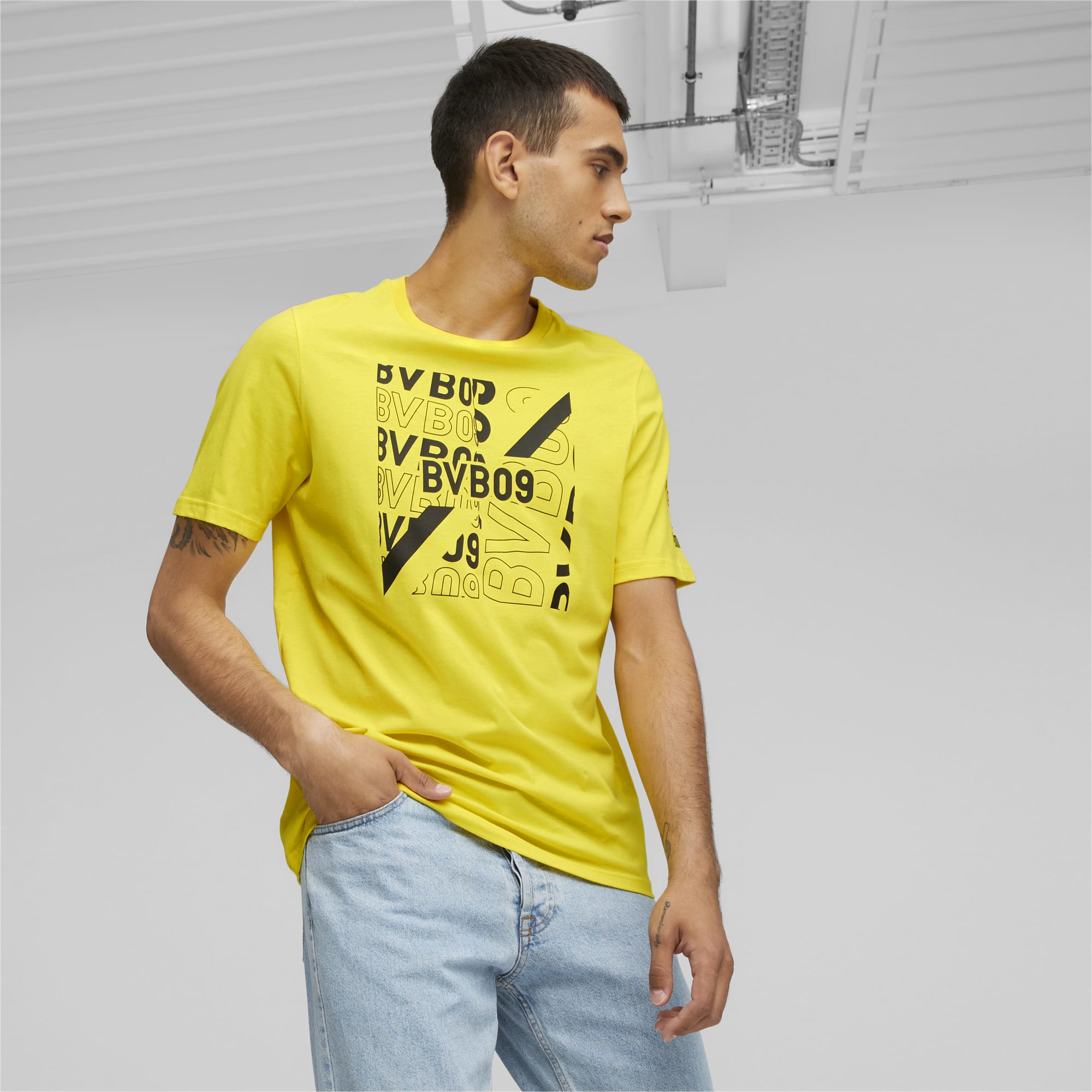 Men's PUMA Borussia Dortmund Ftblcore T-Shirt, Cyber Yellow/Black, Size S, Clothing