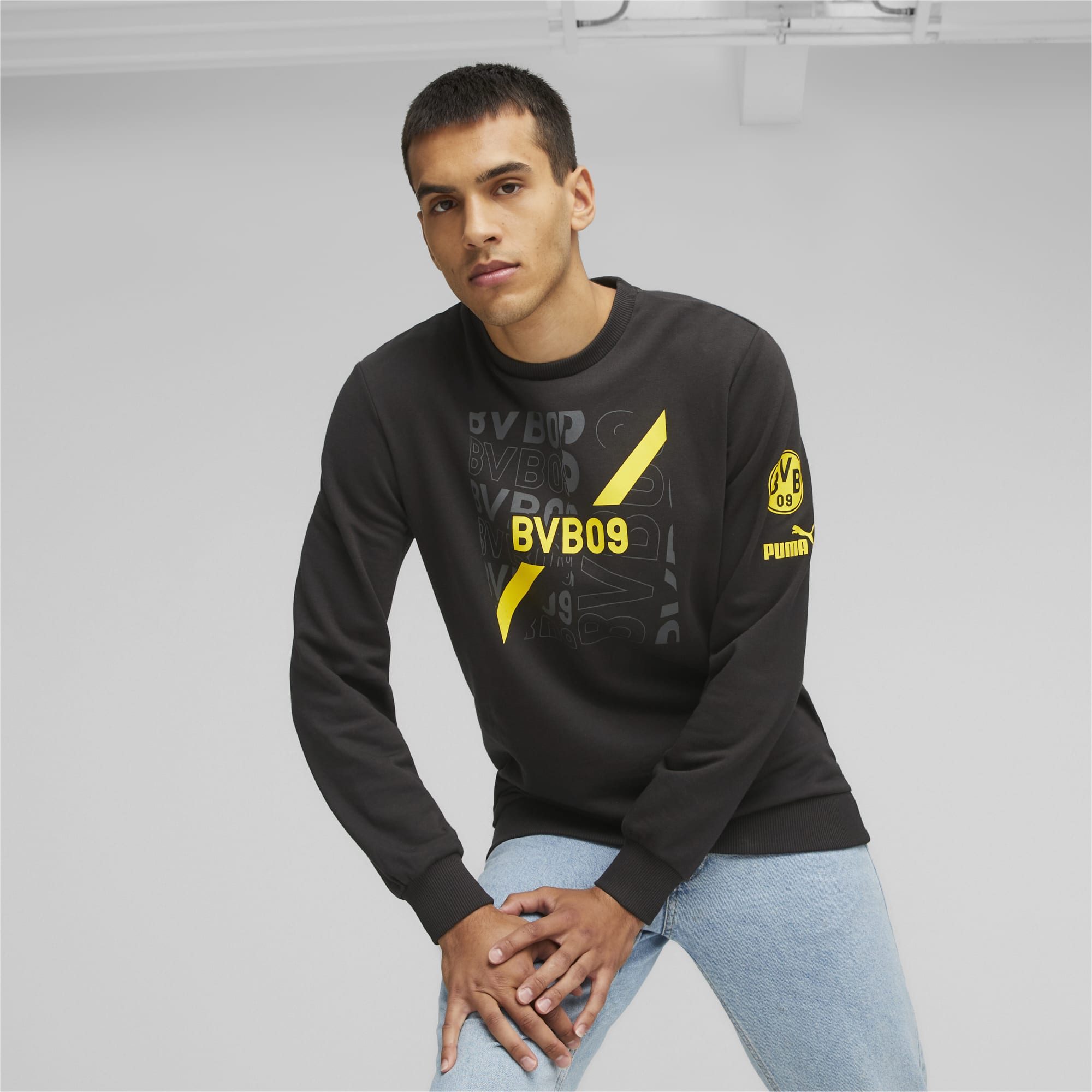 Men's PUMA Borussia Dortmund Ftblcore Sweatshirt, Black/Cyber Yellow, Size XXL, Clothing